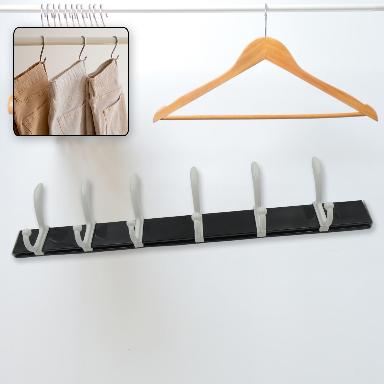 Wall Door Hook Rail | 6 Hook Hanger for Clothes & Hats | With Eco-Friendly Adhesive