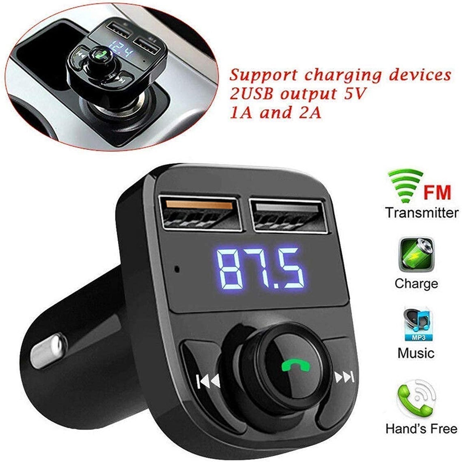 CAR-X8 Bluetooth FM Transmitter Kit with Dual USB Fast Charger