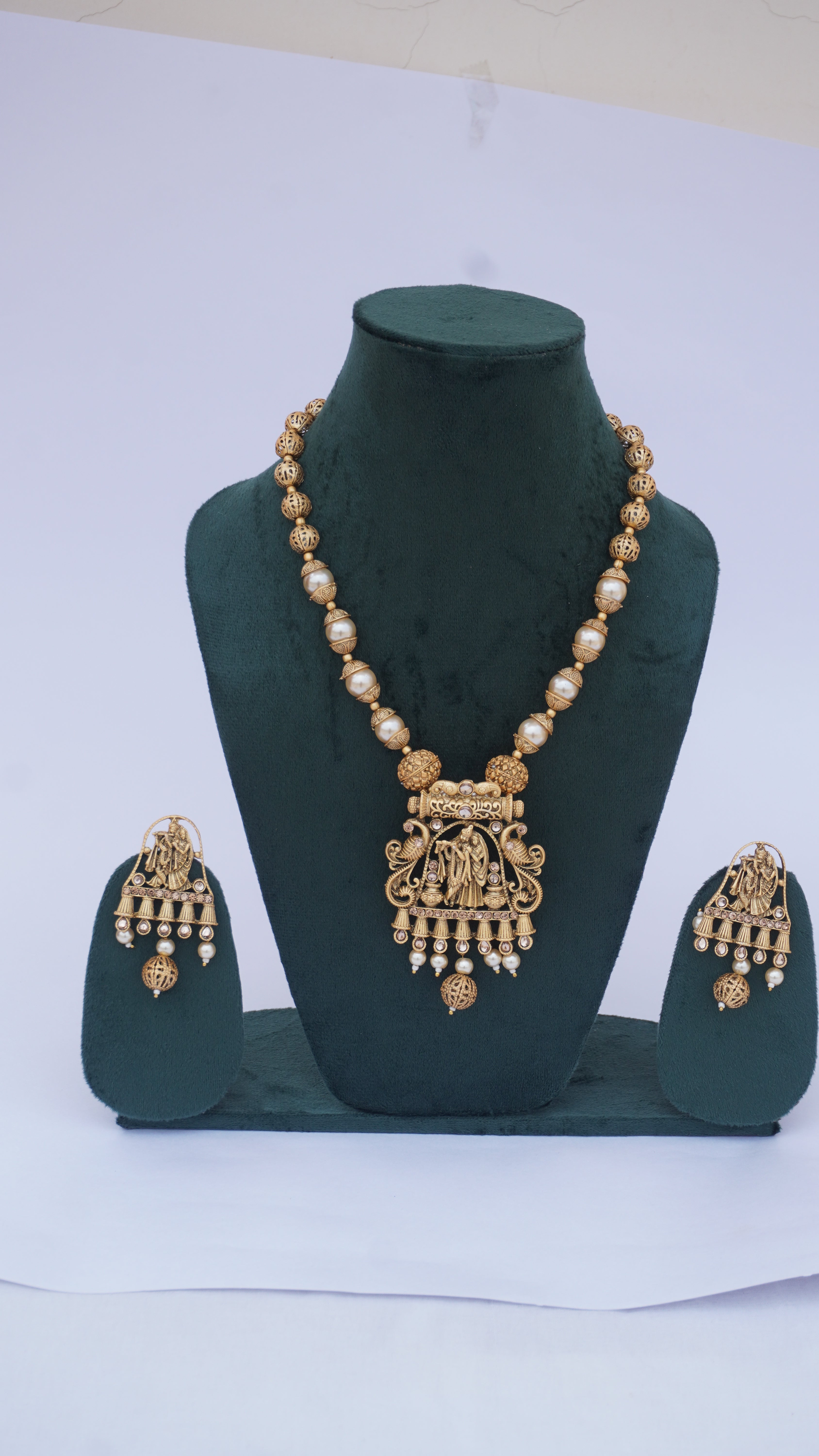 Premium Radha Krishna Antique Necklace Set with Pearls & Kundan | Traditional Bridal Jewellery by Ashthi Jewels