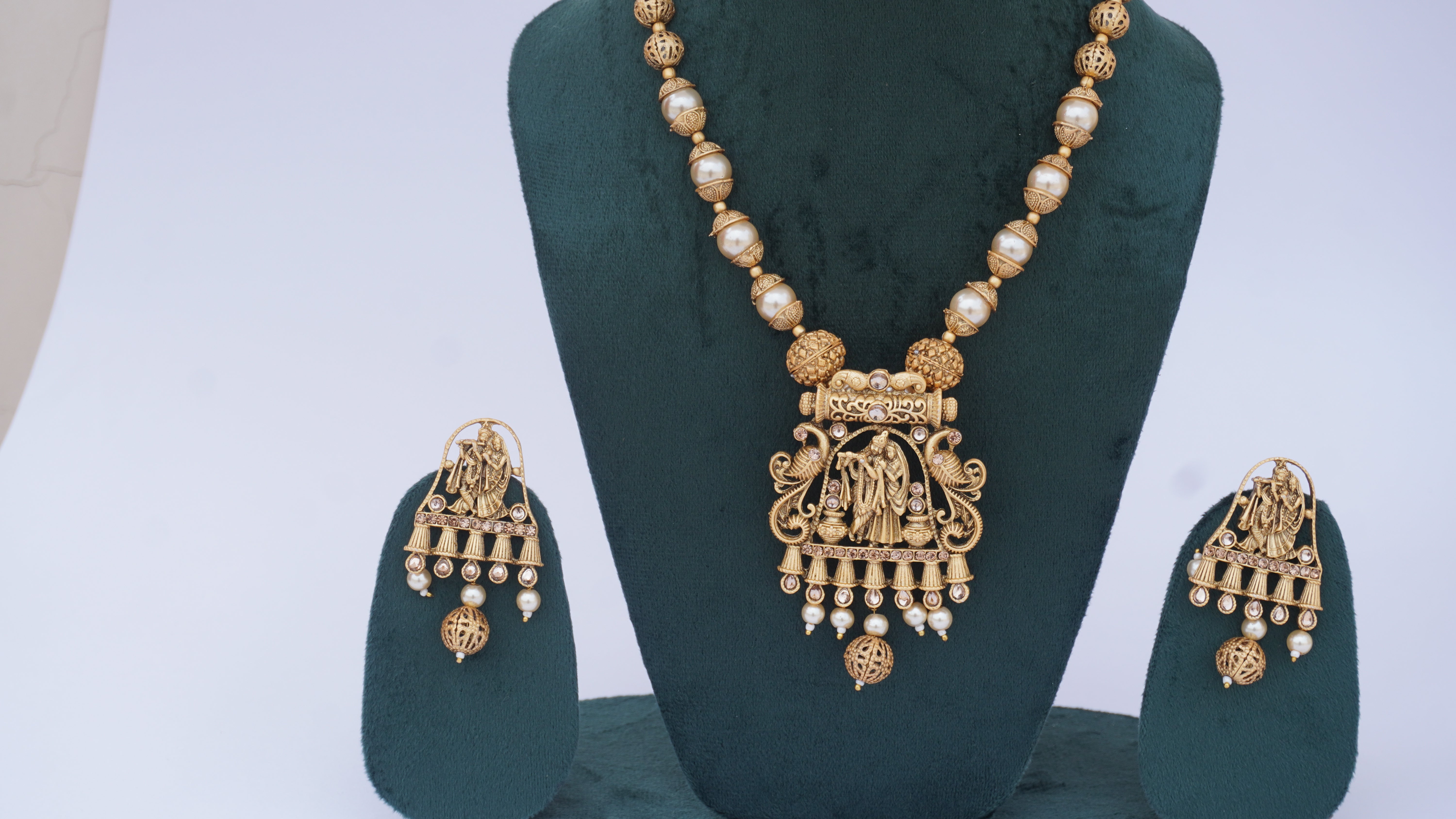 Premium Radha Krishna Antique Necklace Set with Pearls & Kundan | Traditional Bridal Jewellery by Ashthi Jewels
