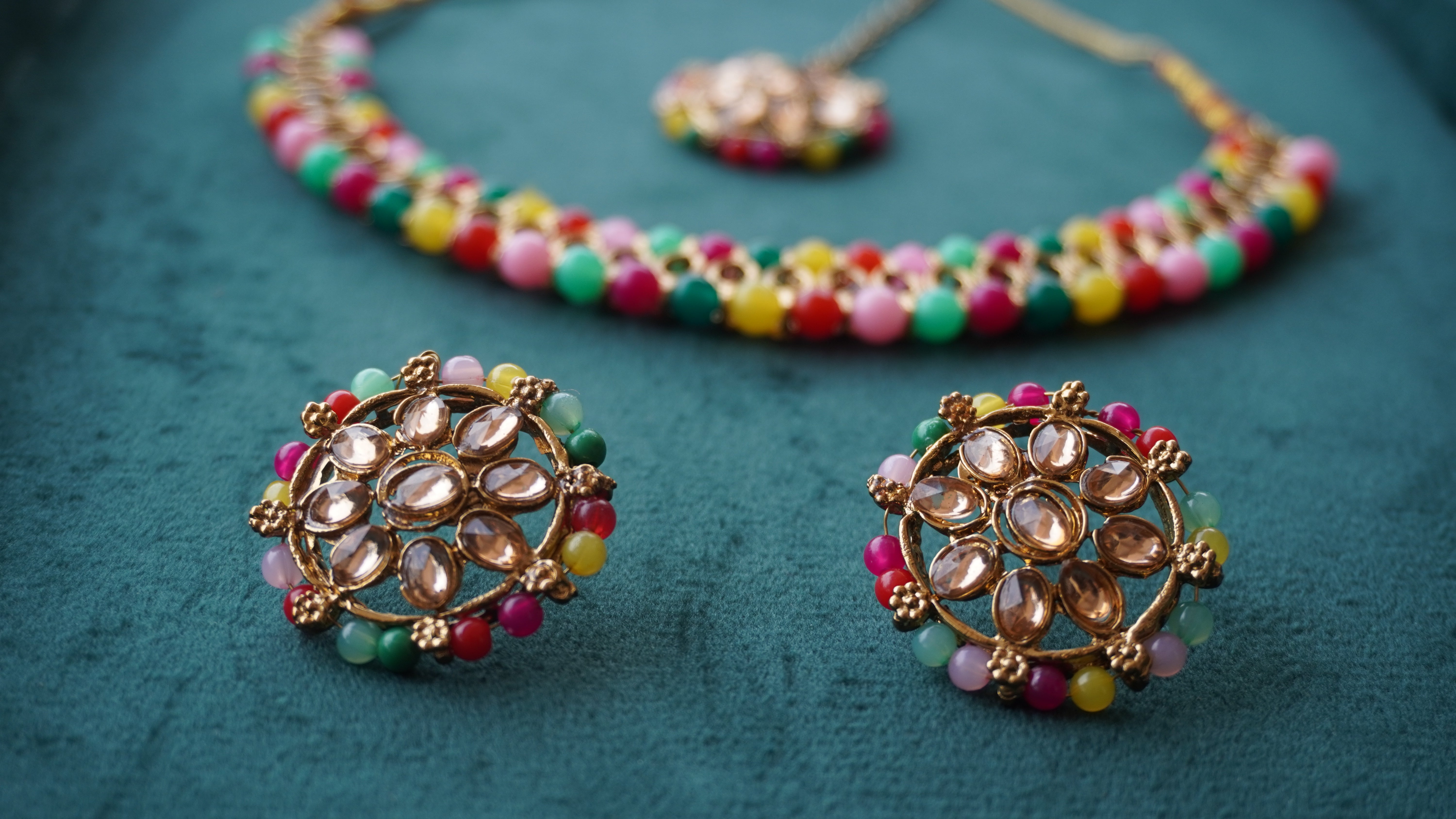 Premium Multicolor Kundan Necklace, Earrings & Tikka Set | Ethnic Bridal Jewellery by Ashthi Jewels