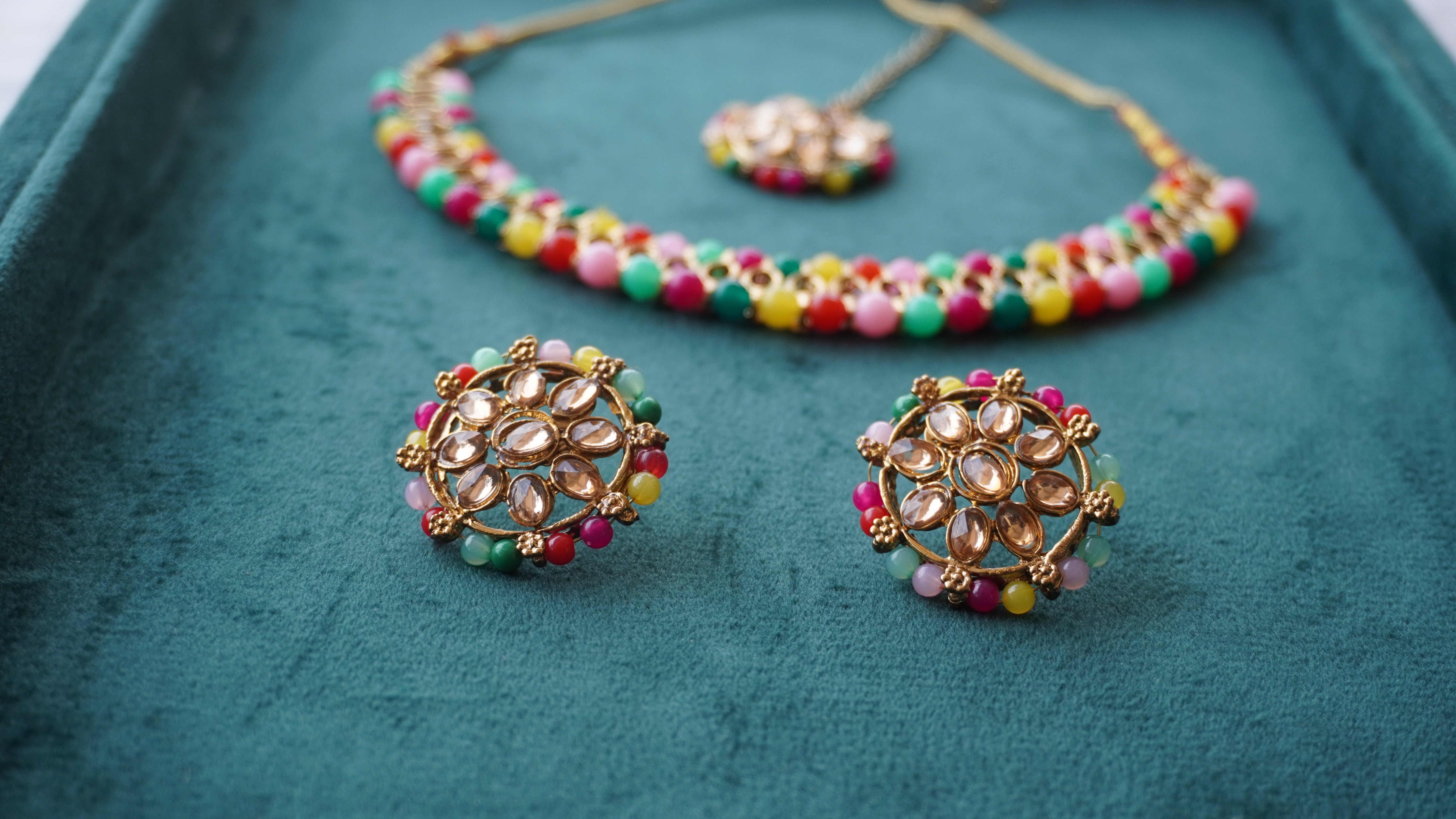 Premium Multicolor Kundan Necklace, Earrings & Tikka Set | Ethnic Bridal Jewellery by Ashthi Jewels