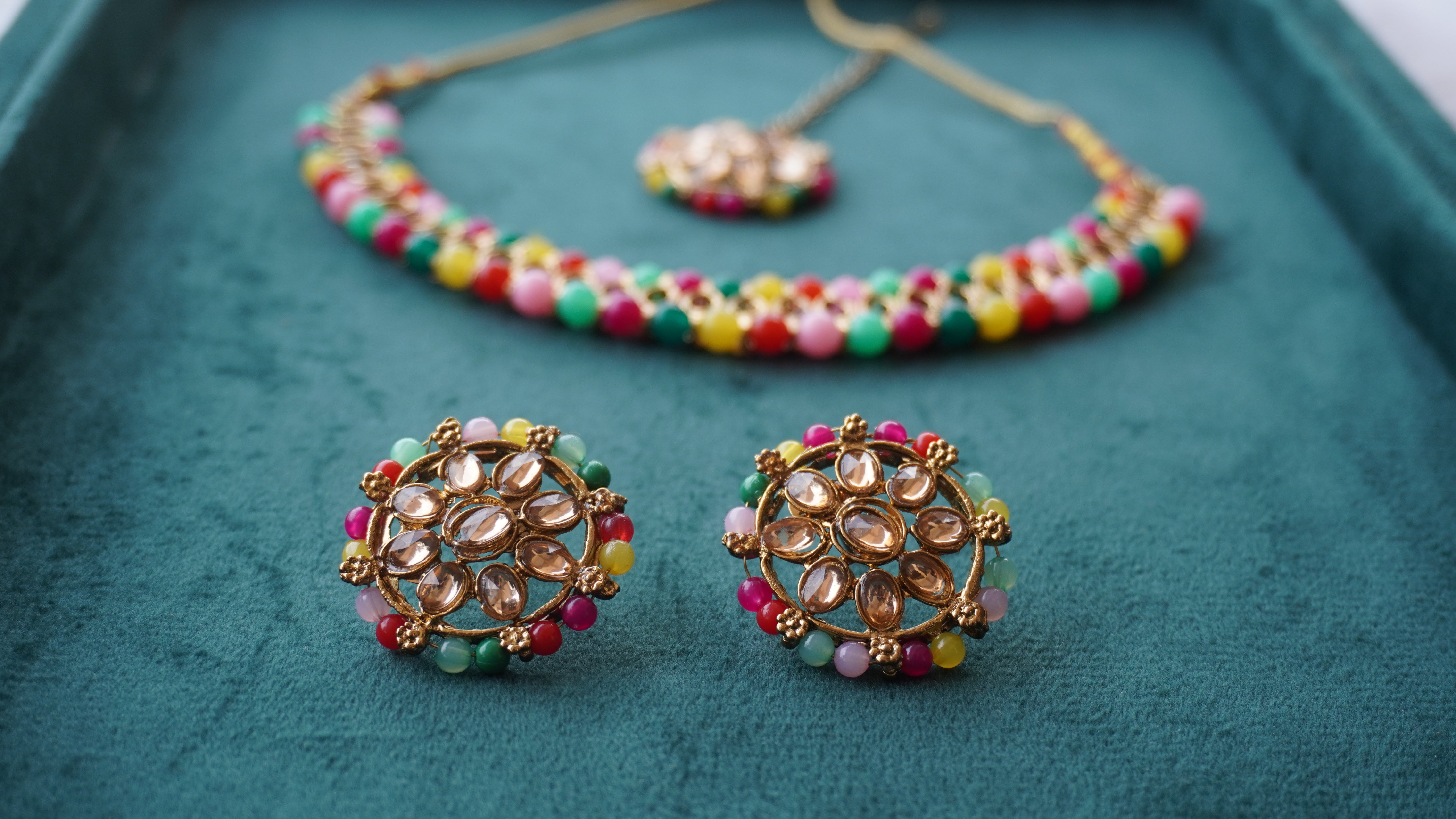 Premium Multicolor Kundan Necklace, Earrings & Tikka Set | Ethnic Bridal Jewellery by Ashthi Jewels