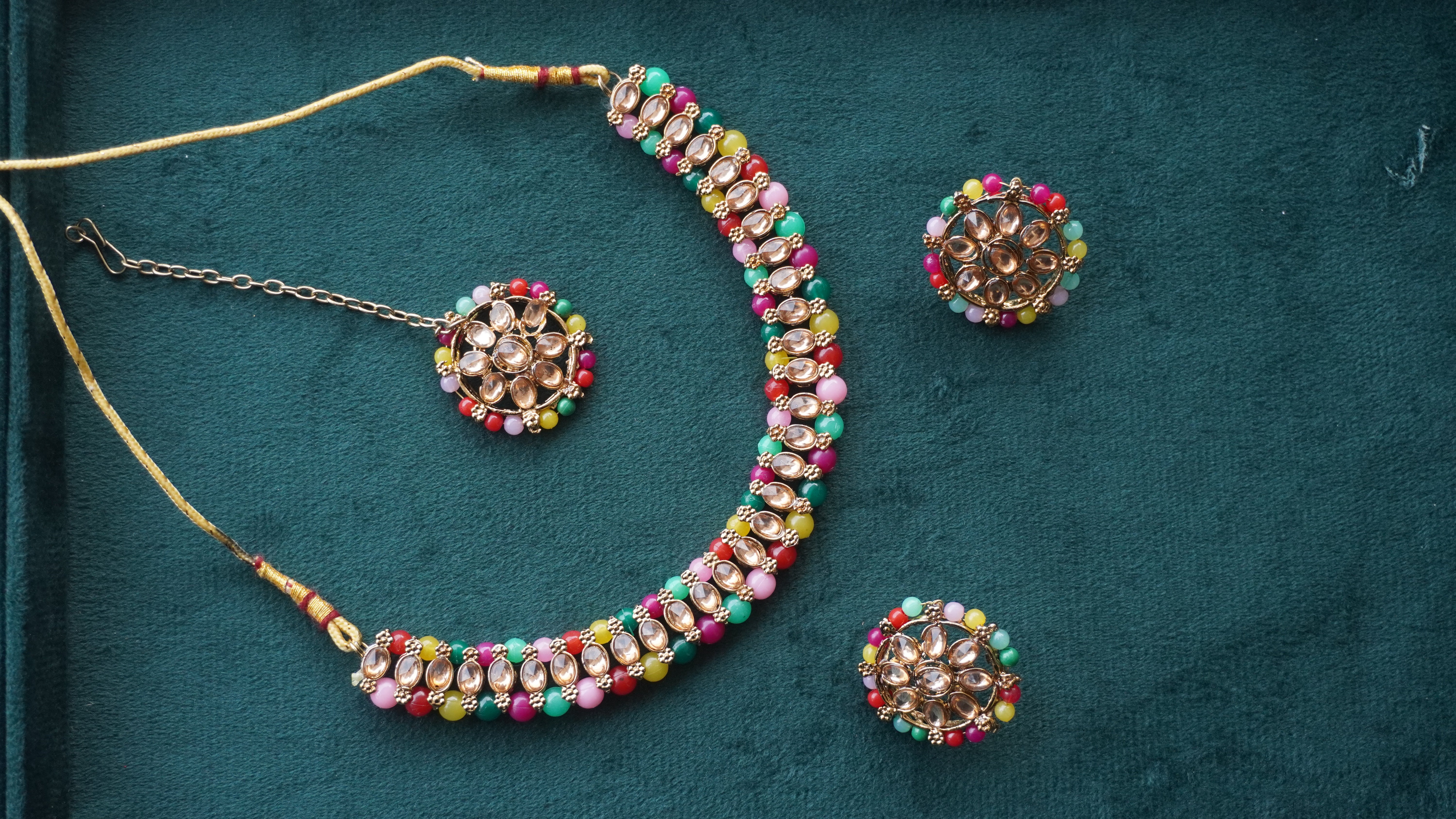 Premium Multicolor Kundan Necklace, Earrings & Tikka Set | Ethnic Bridal Jewellery by Ashthi Jewels