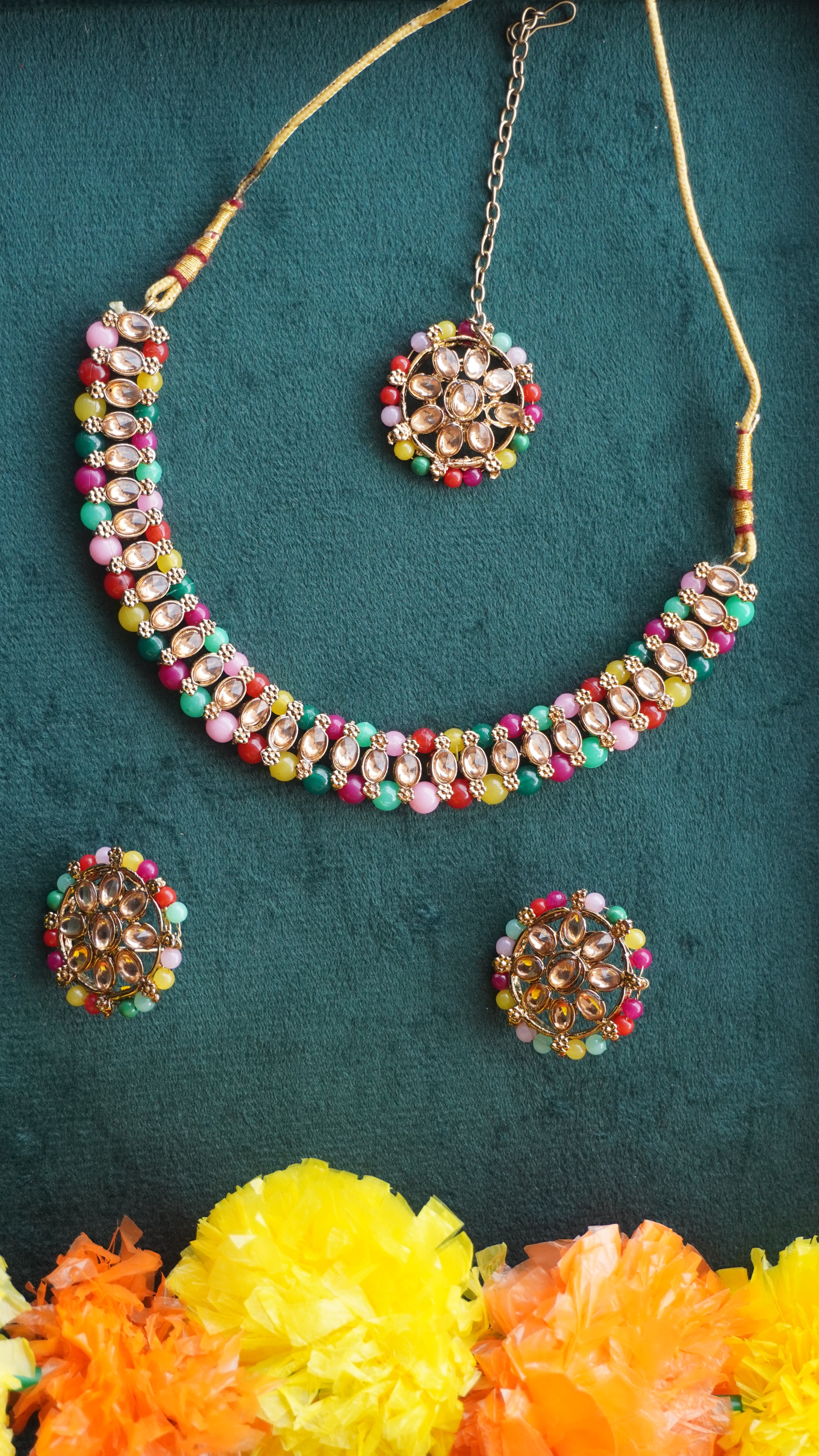 Premium Multicolor Kundan Necklace, Earrings & Tikka Set | Ethnic Bridal Jewellery by Ashthi Jewels
