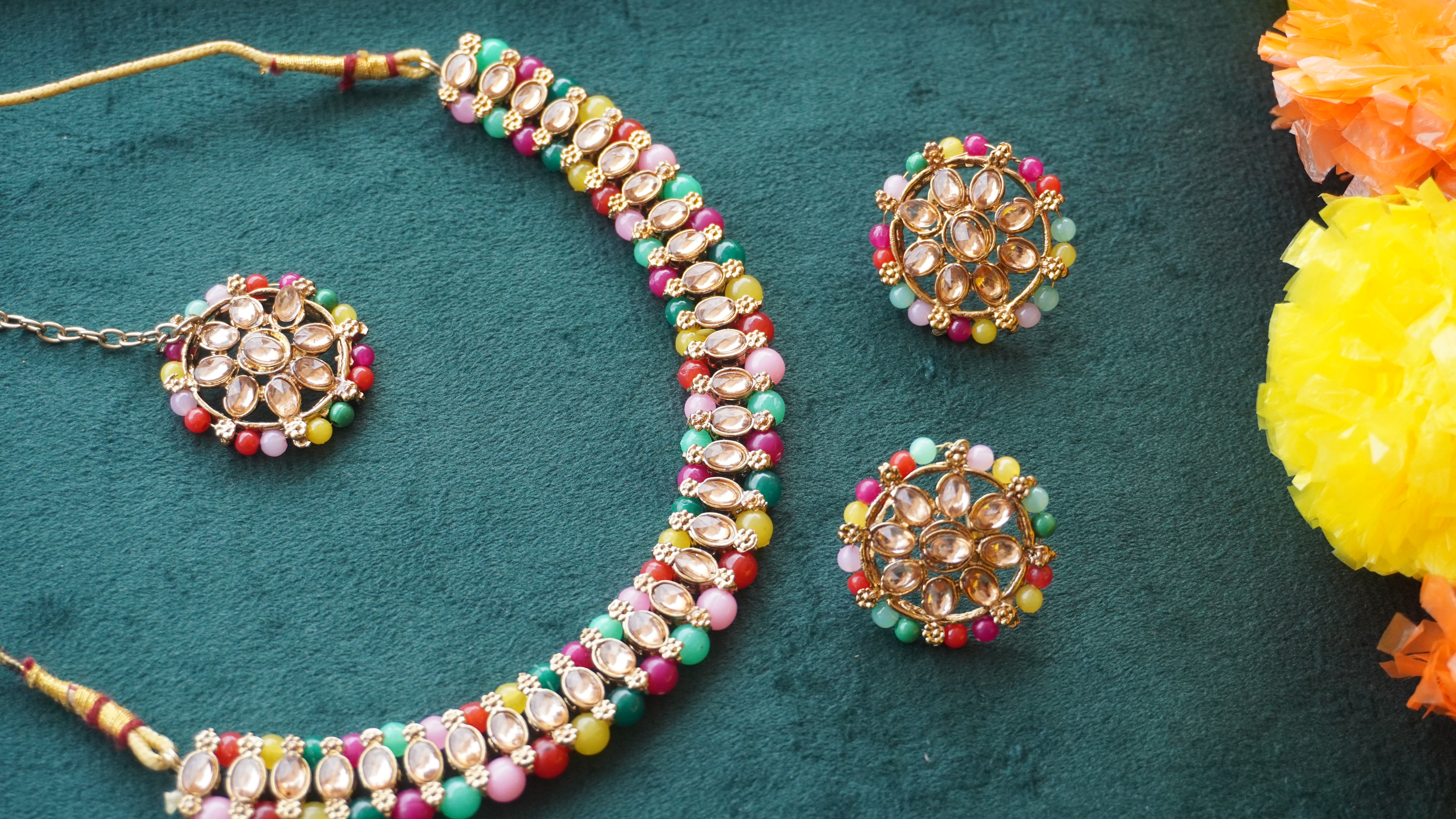 Premium Multicolor Kundan Necklace, Earrings & Tikka Set | Ethnic Bridal Jewellery by Ashthi Jewels