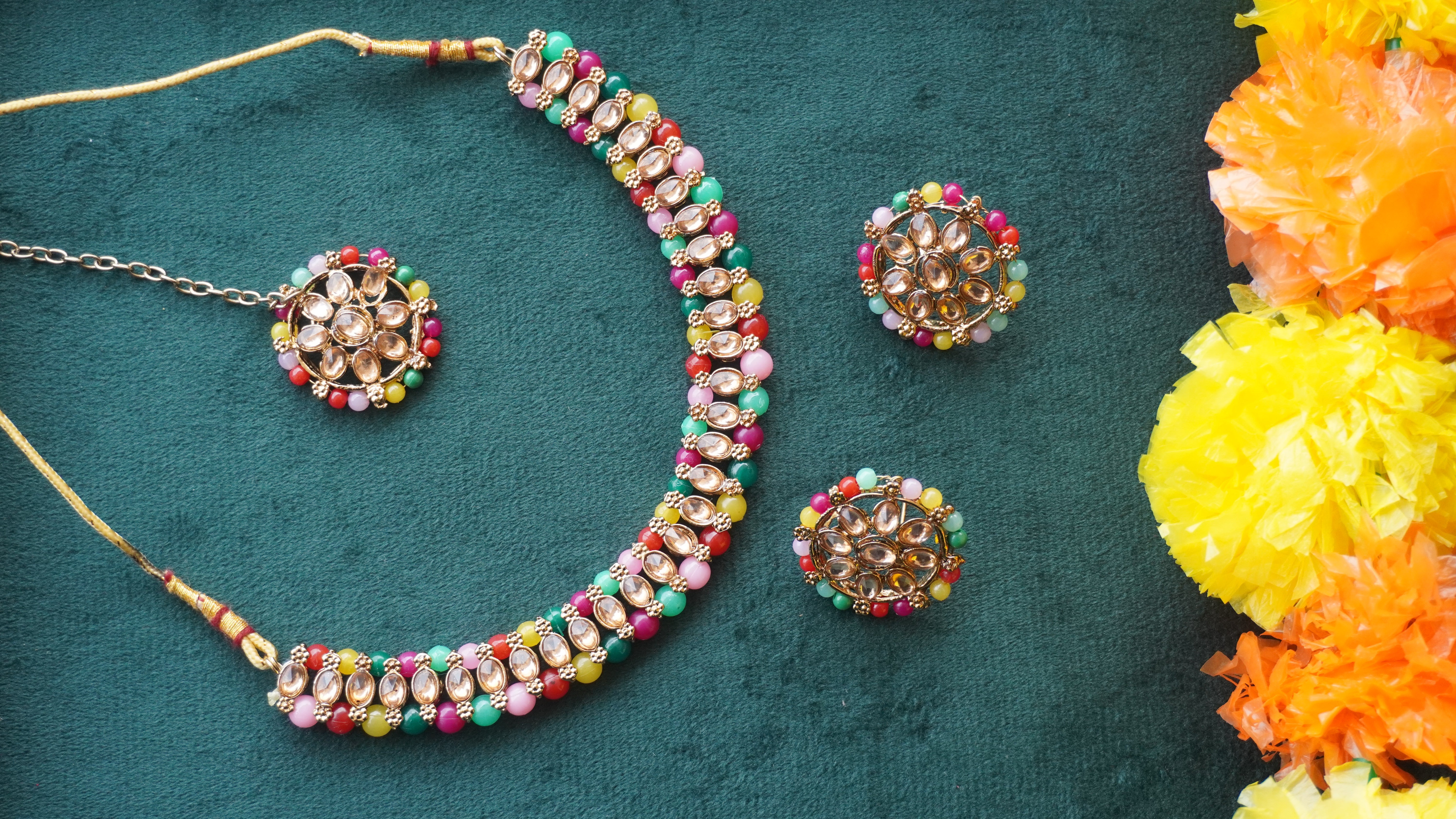 Premium Multicolor Kundan Necklace, Earrings & Tikka Set | Ethnic Bridal Jewellery by Ashthi Jewels