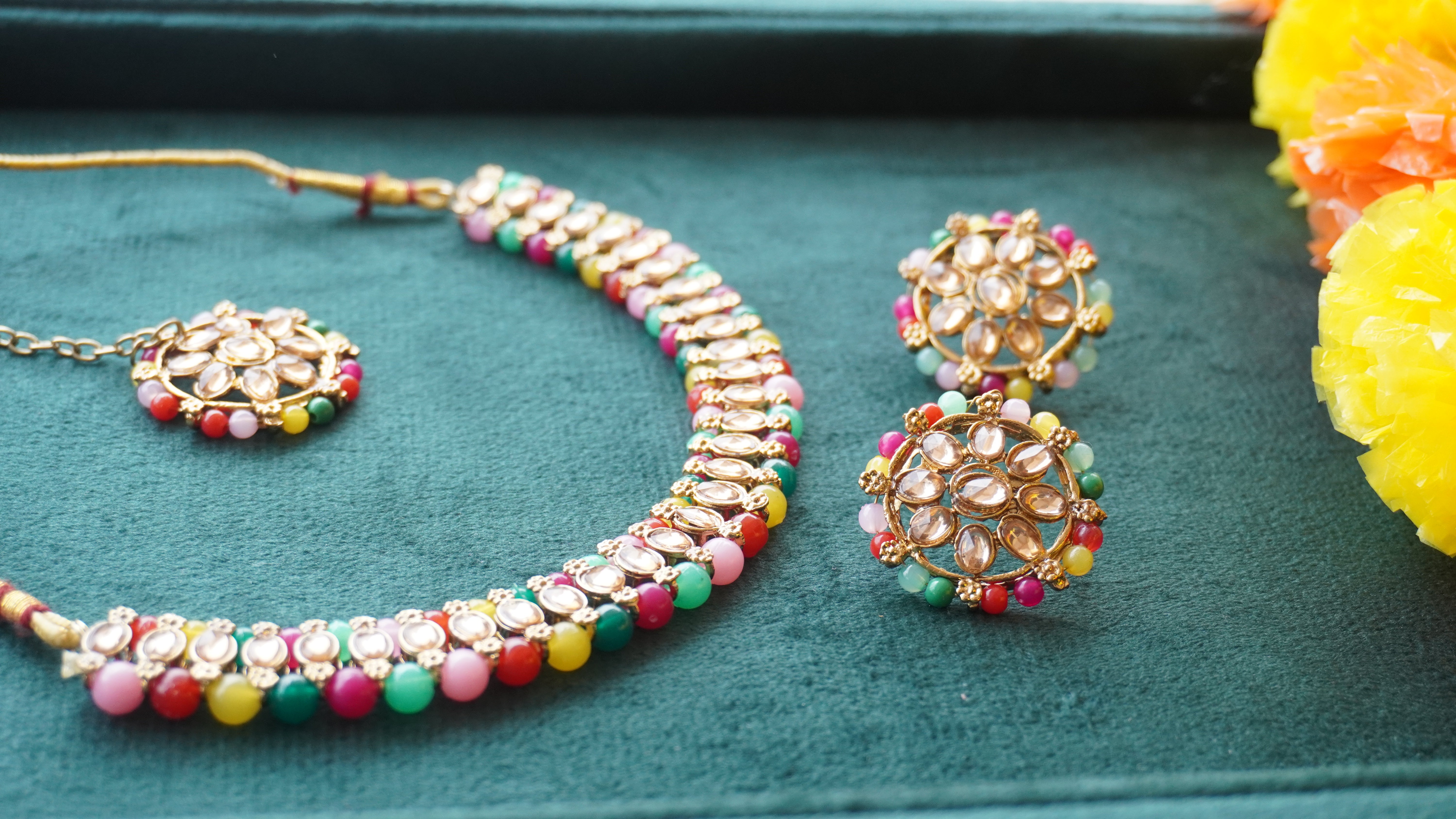 Premium Multicolor Kundan Necklace, Earrings & Tikka Set | Ethnic Bridal Jewellery by Ashthi Jewels
