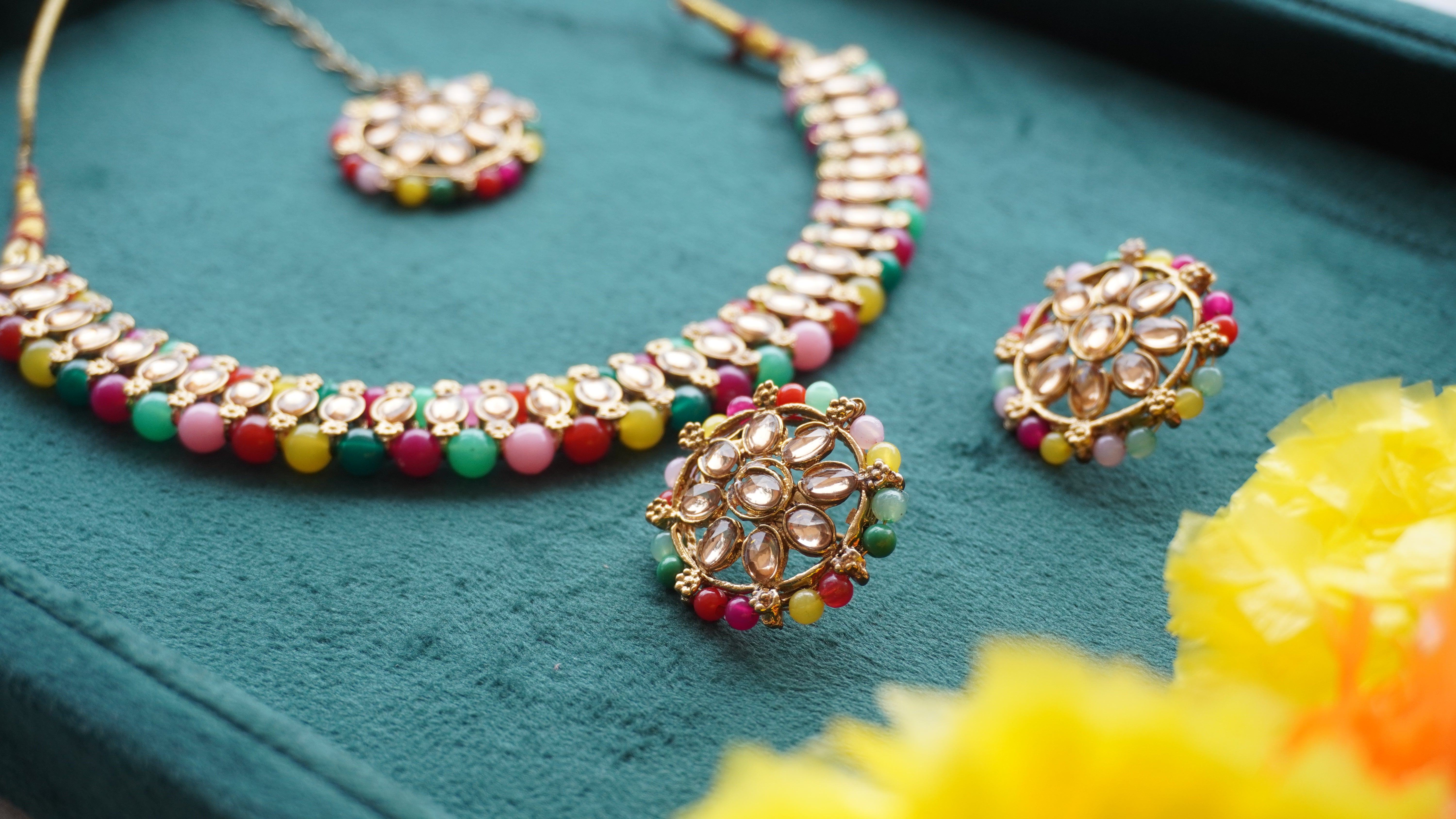 Premium Multicolor Kundan Necklace, Earrings & Tikka Set | Ethnic Bridal Jewellery by Ashthi Jewels