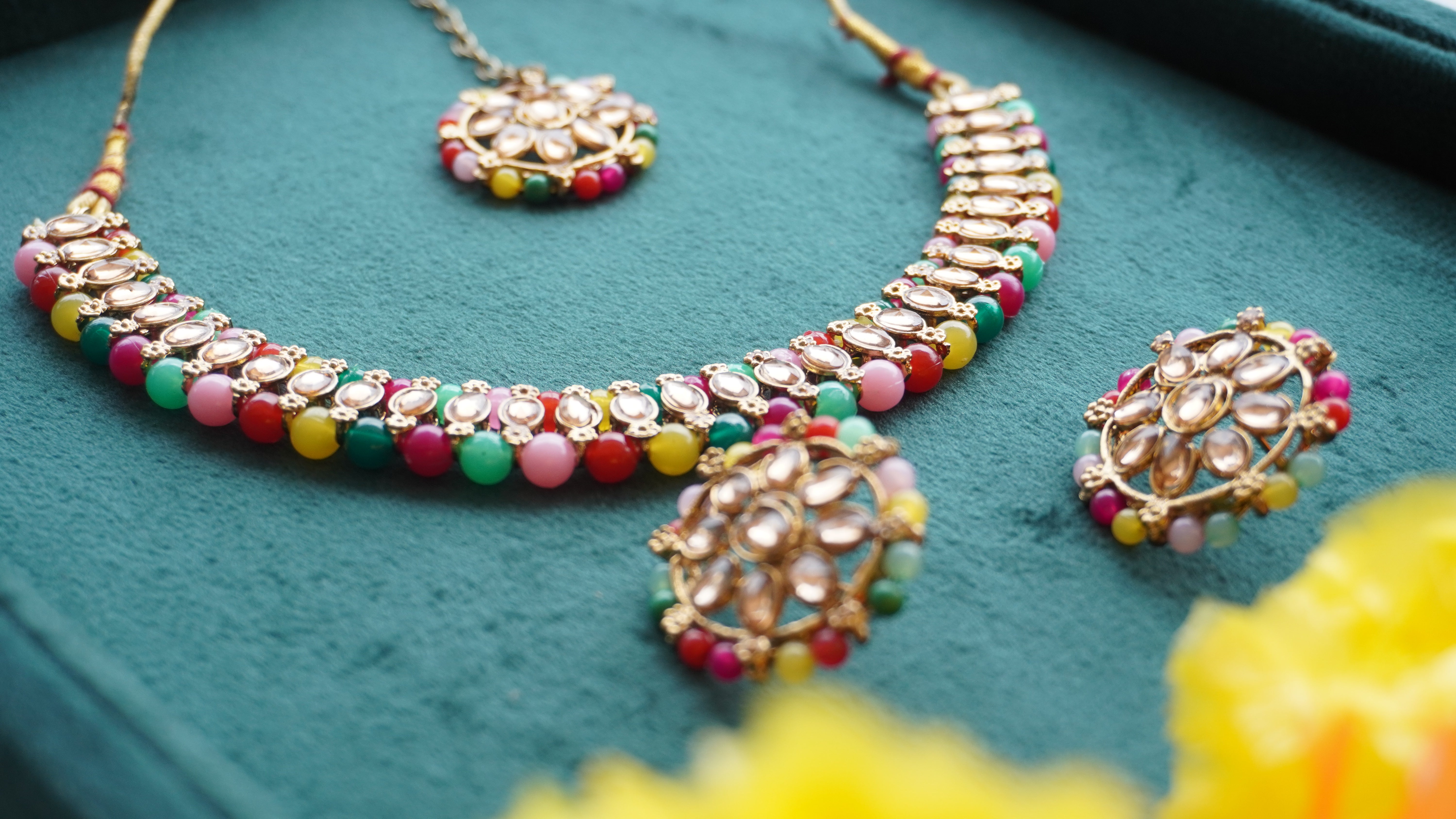 Premium Multicolor Kundan Necklace, Earrings & Tikka Set | Ethnic Bridal Jewellery by Ashthi Jewels
