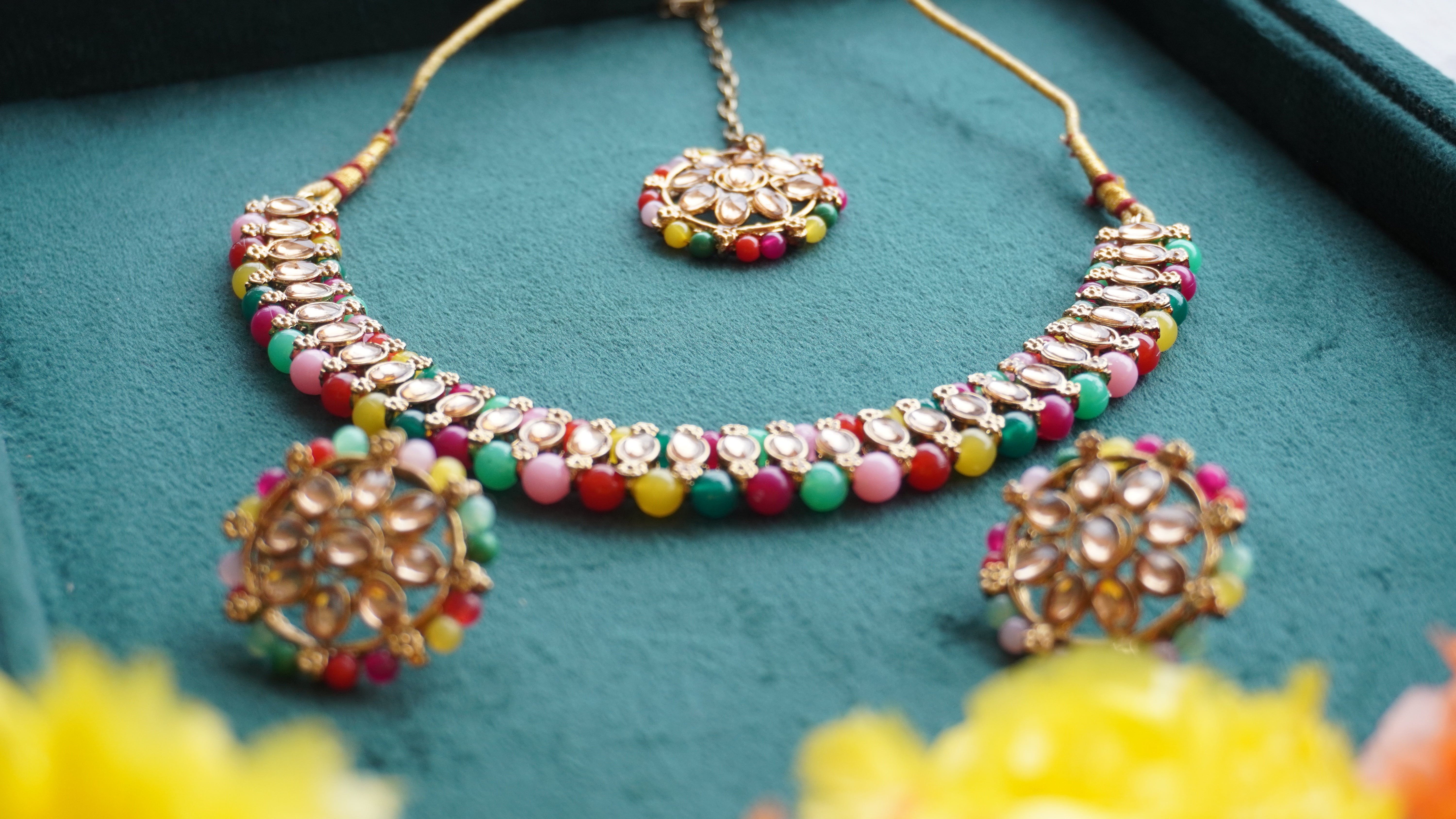 Premium Multicolor Kundan Necklace, Earrings & Tikka Set | Ethnic Bridal Jewellery by Ashthi Jewels
