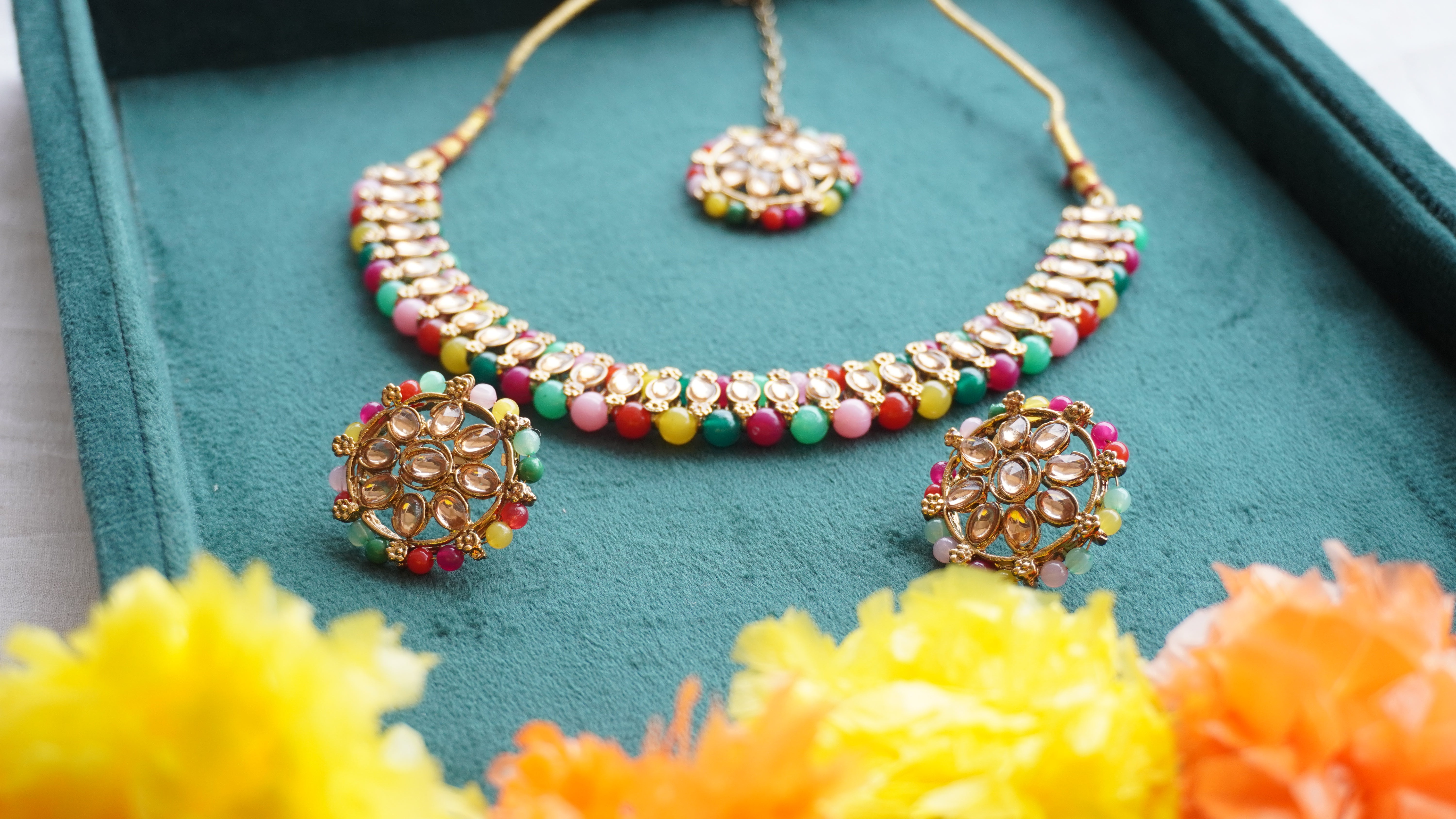 Premium Multicolor Kundan Necklace, Earrings & Tikka Set | Ethnic Bridal Jewellery by Ashthi Jewels