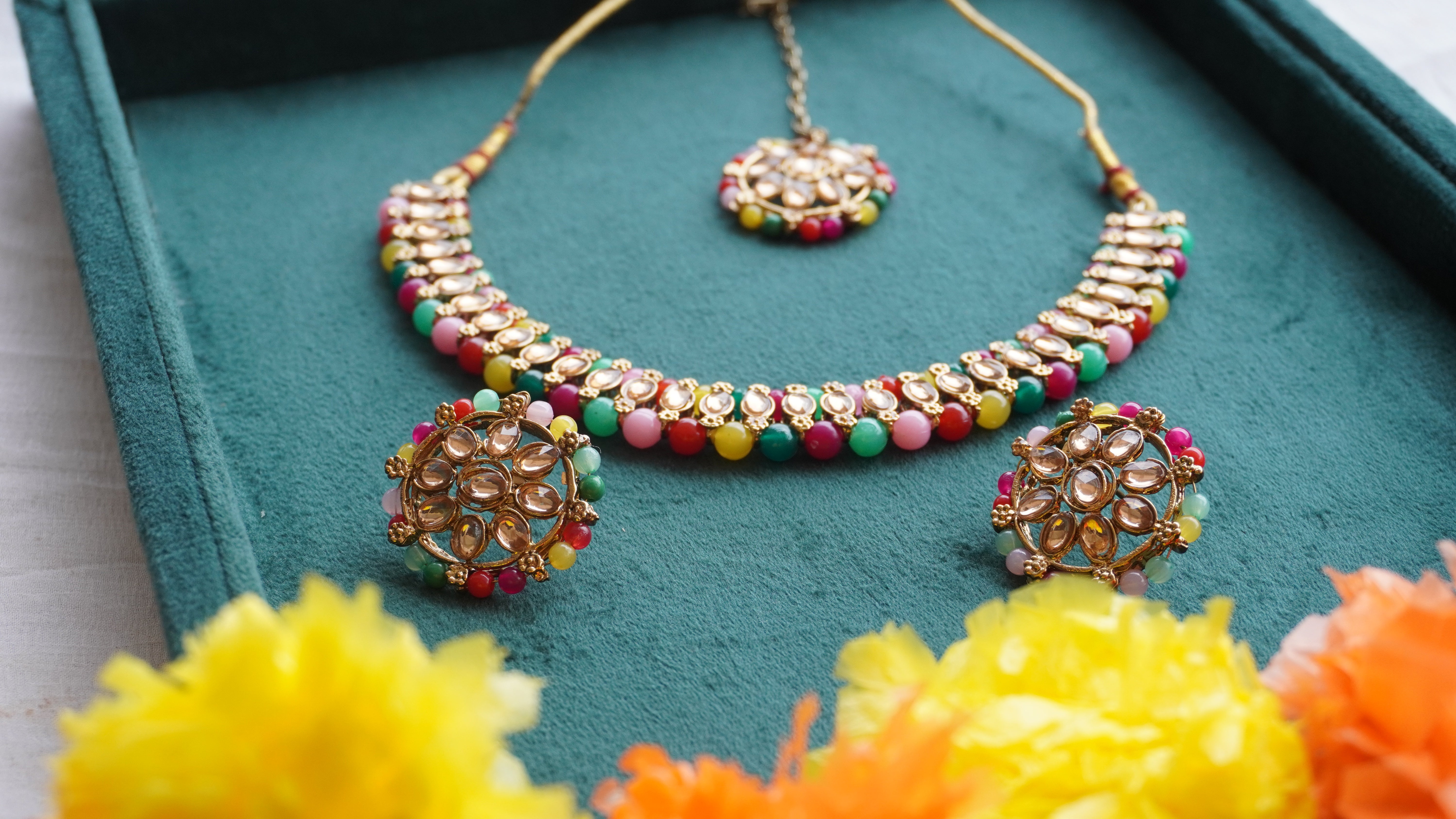 Premium Multicolor Kundan Necklace, Earrings & Tikka Set | Ethnic Bridal Jewellery by Ashthi Jewels