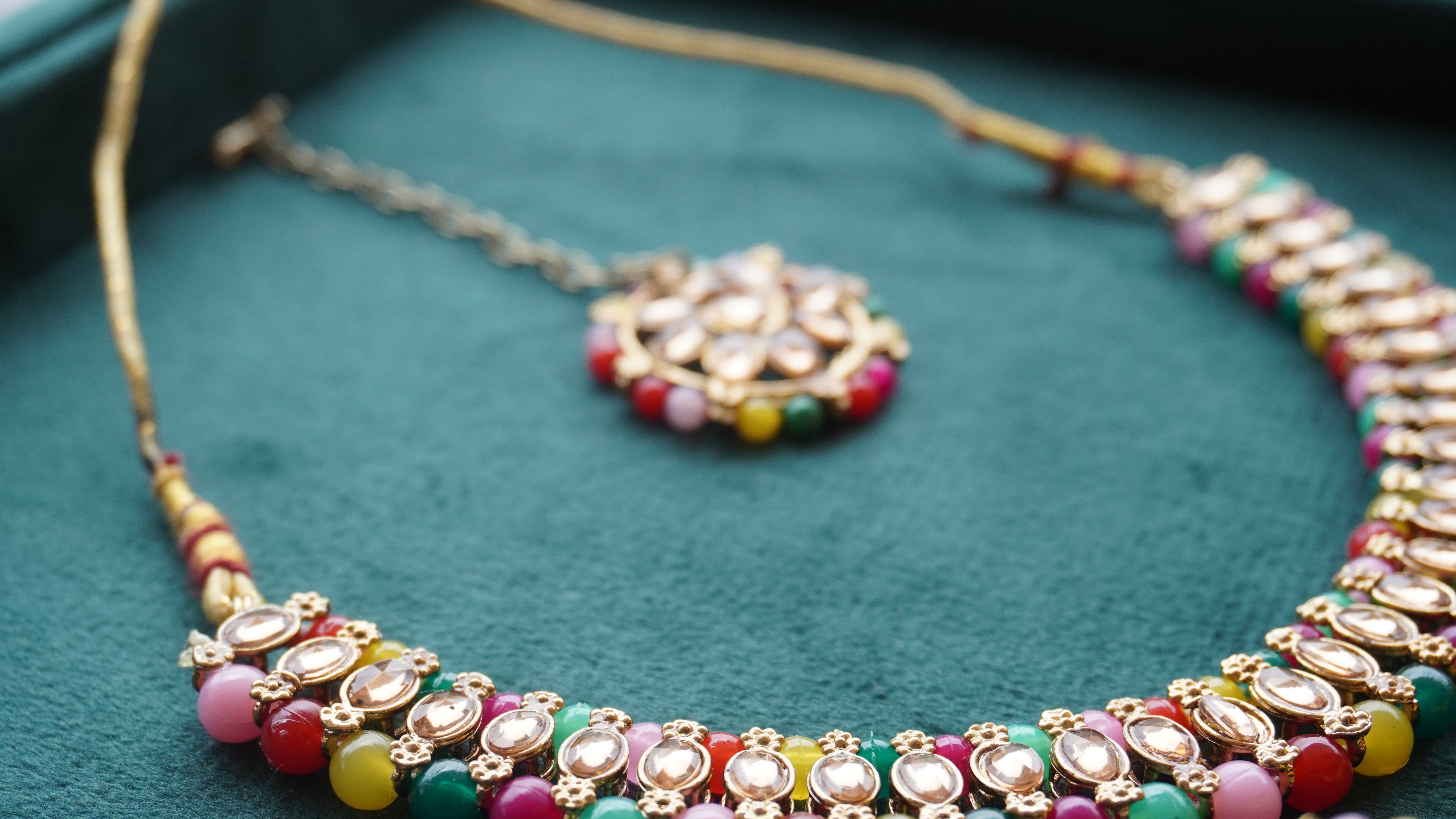 Premium Multicolor Kundan Necklace, Earrings & Tikka Set | Ethnic Bridal Jewellery by Ashthi Jewels