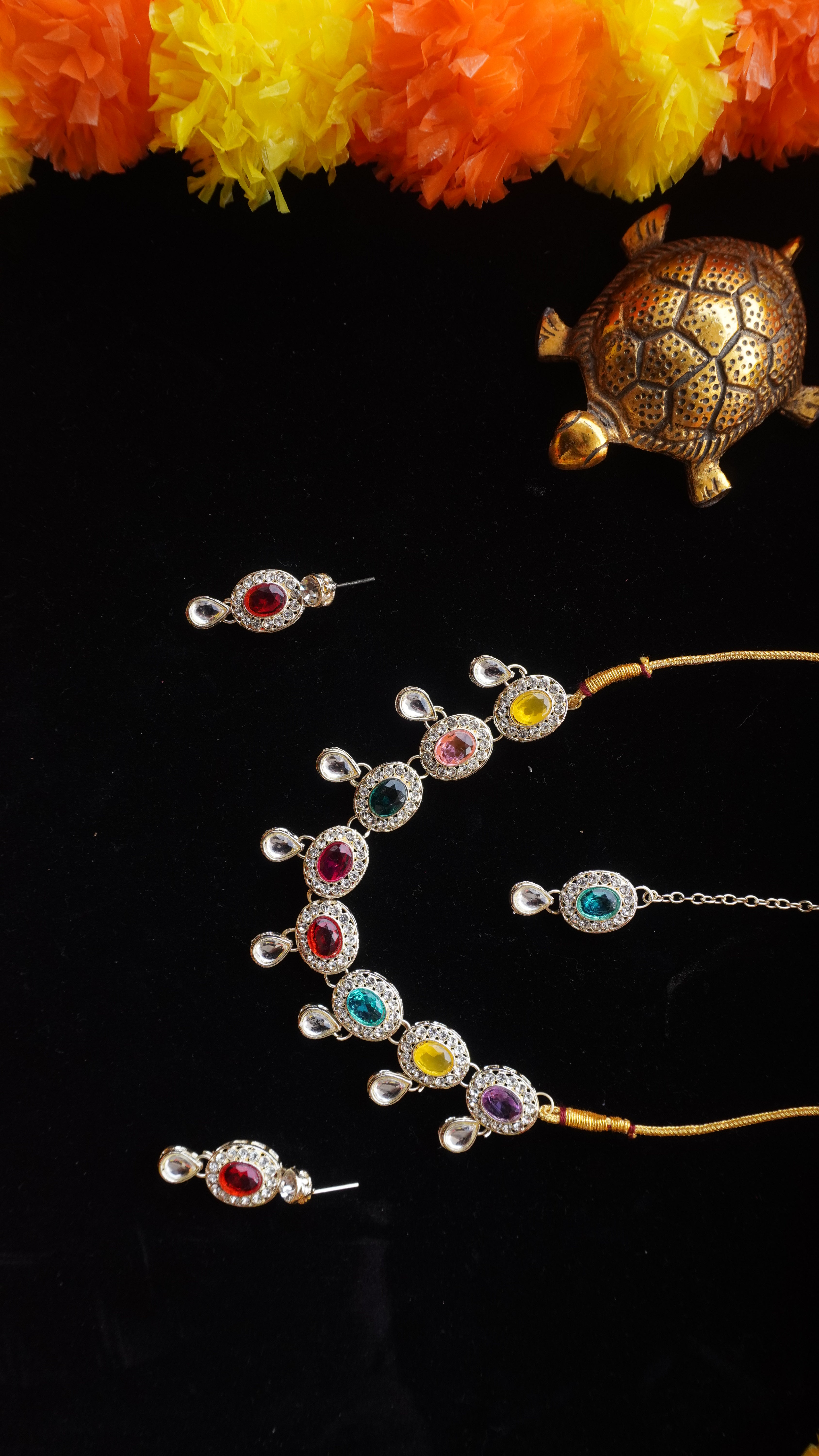 Premium Multicolour Stone Necklace Set with Earrings & Tikka | Festive Jewellery by Ashthi Jewels