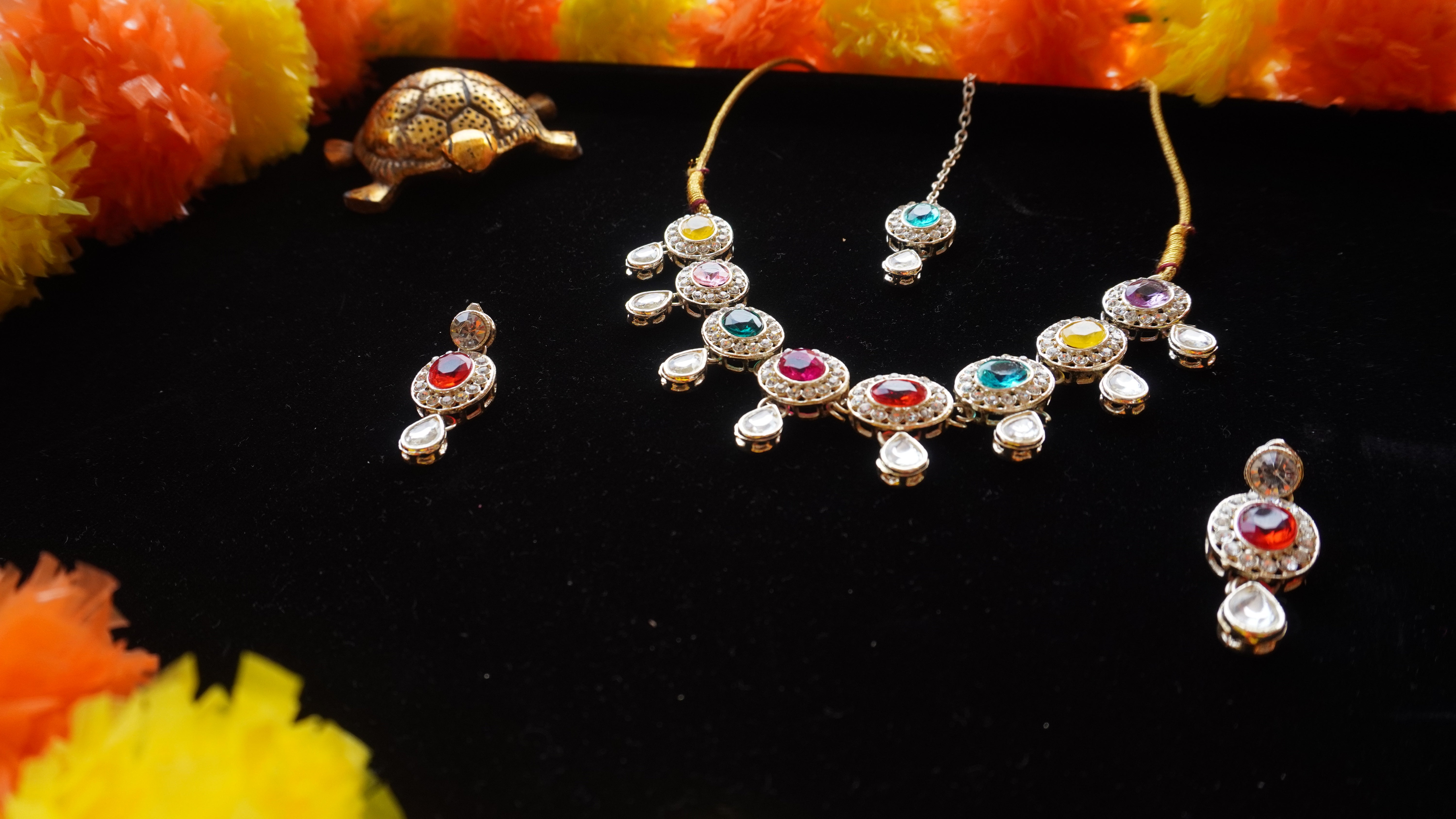 Premium Multicolour Stone Necklace Set with Earrings & Tikka | Festive Jewellery by Ashthi Jewels