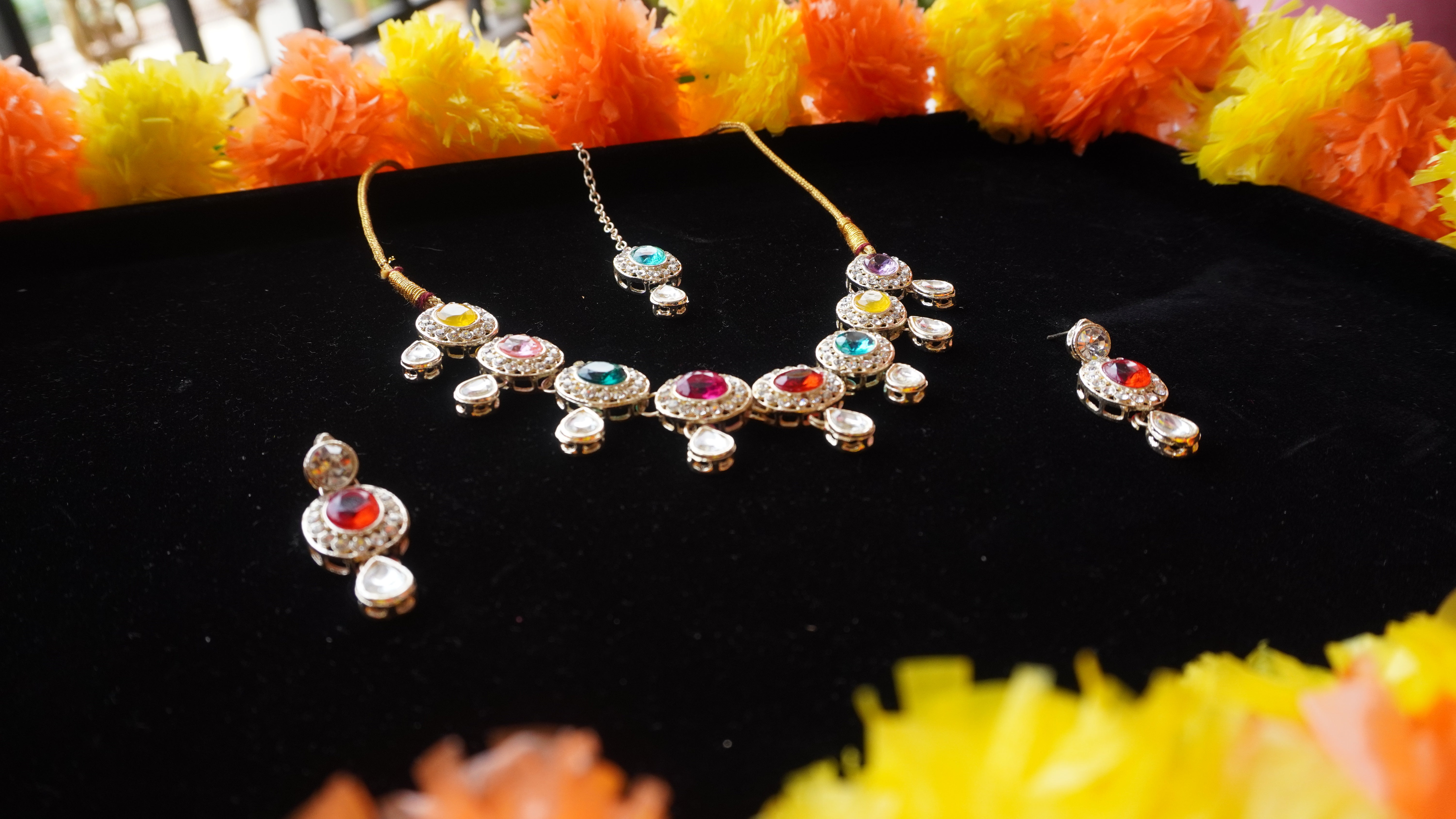 Premium Multicolour Stone Necklace Set with Earrings & Tikka | Festive Jewellery by Ashthi Jewels