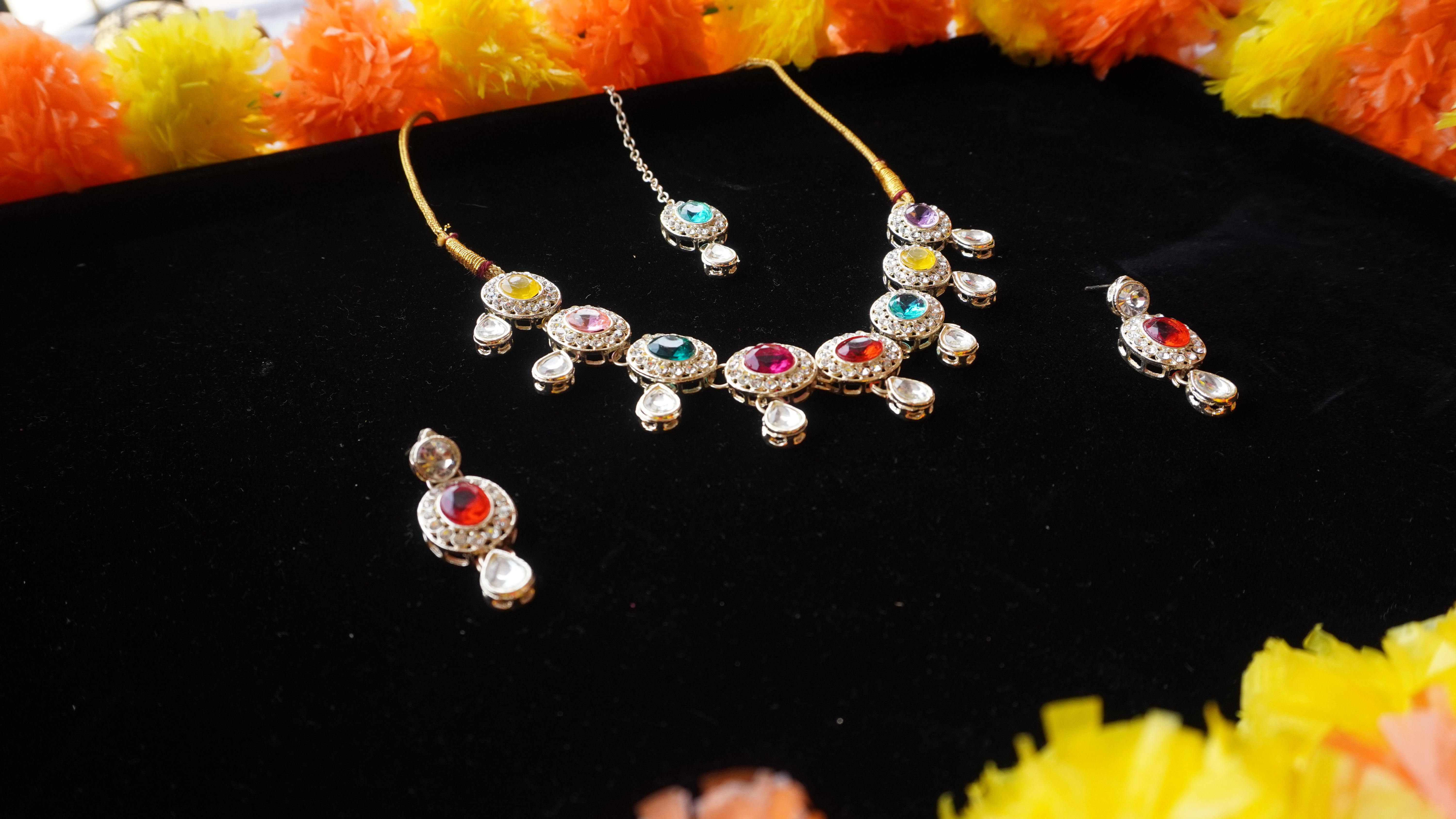 Premium Multicolour Stone Necklace Set with Earrings & Tikka | Festive Jewellery by Ashthi Jewels