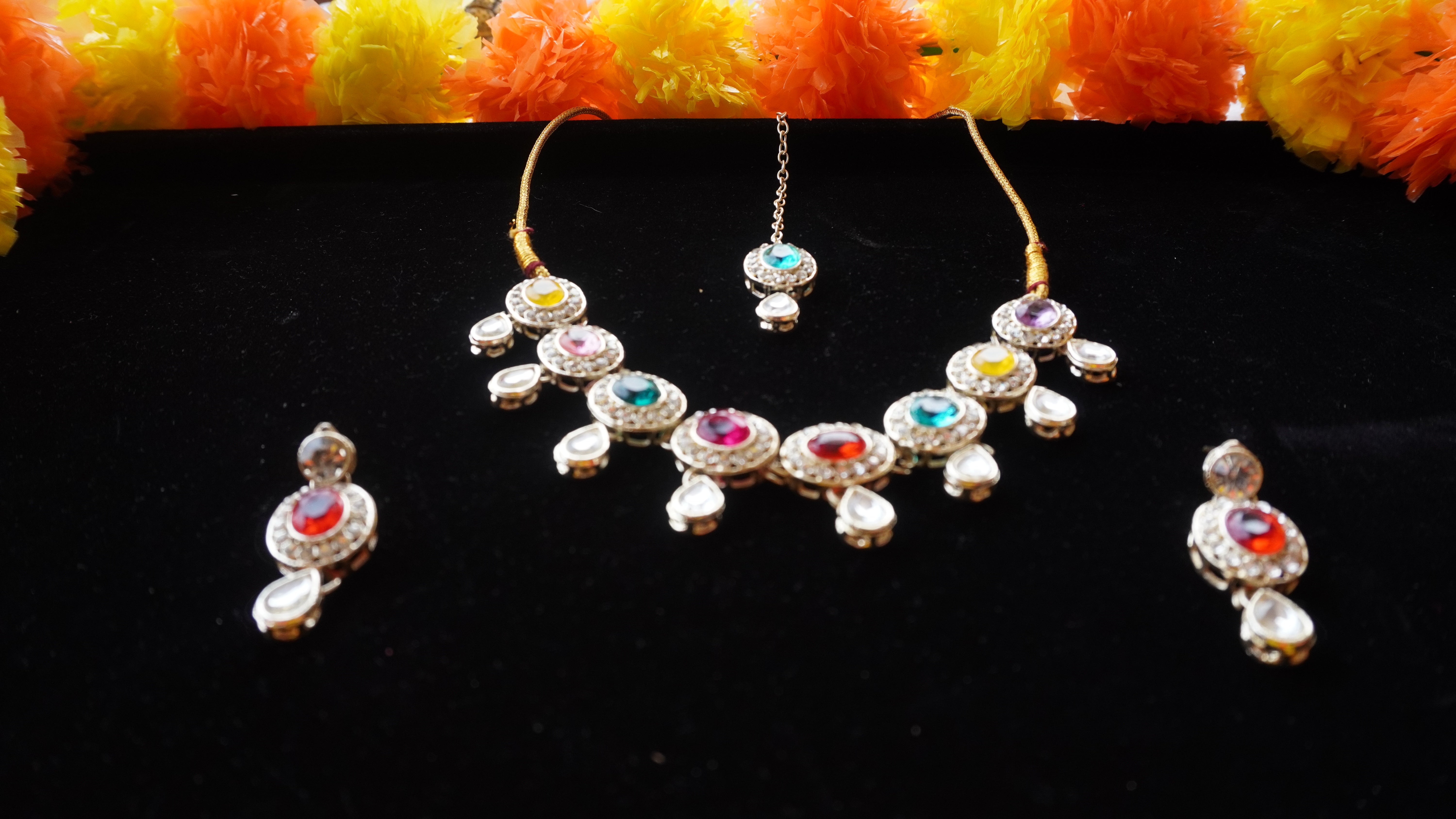 Premium Multicolour Stone Necklace Set with Earrings & Tikka | Festive Jewellery by Ashthi Jewels
