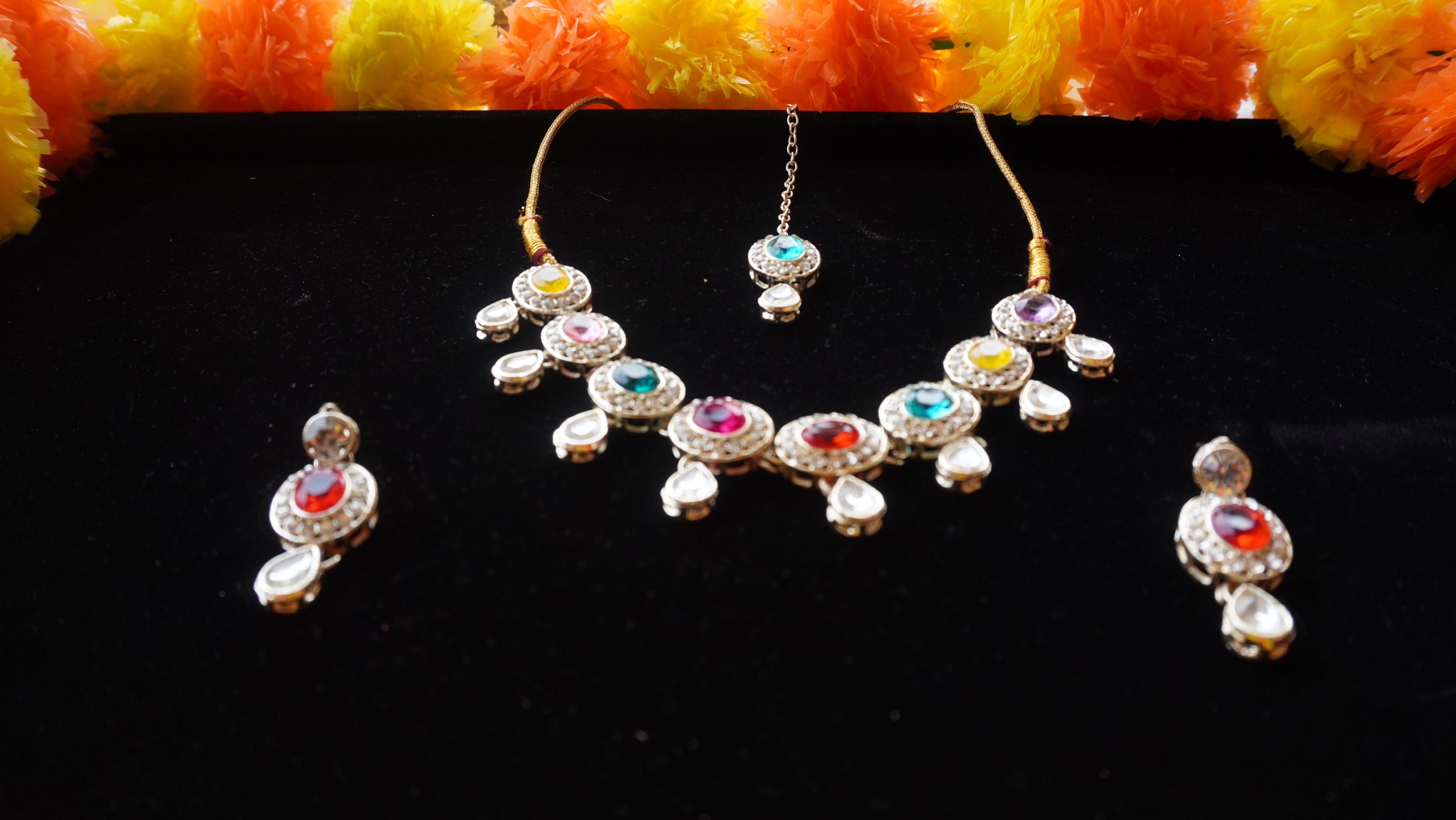 Premium Multicolour Stone Necklace Set with Earrings & Tikka | Festive Jewellery by Ashthi Jewels