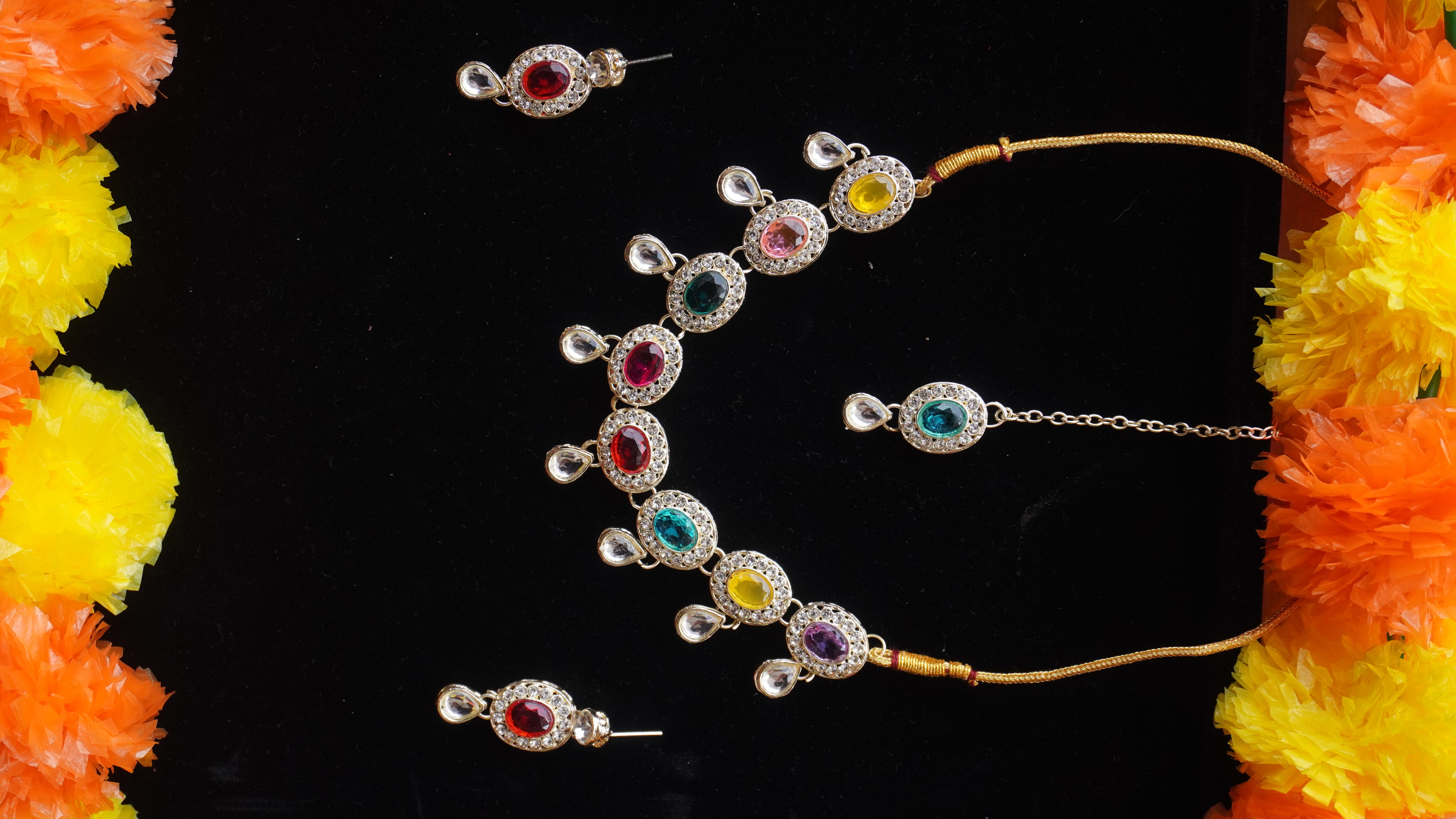 Premium Multicolour Stone Necklace Set with Earrings & Tikka | Festive Jewellery by Ashthi Jewels