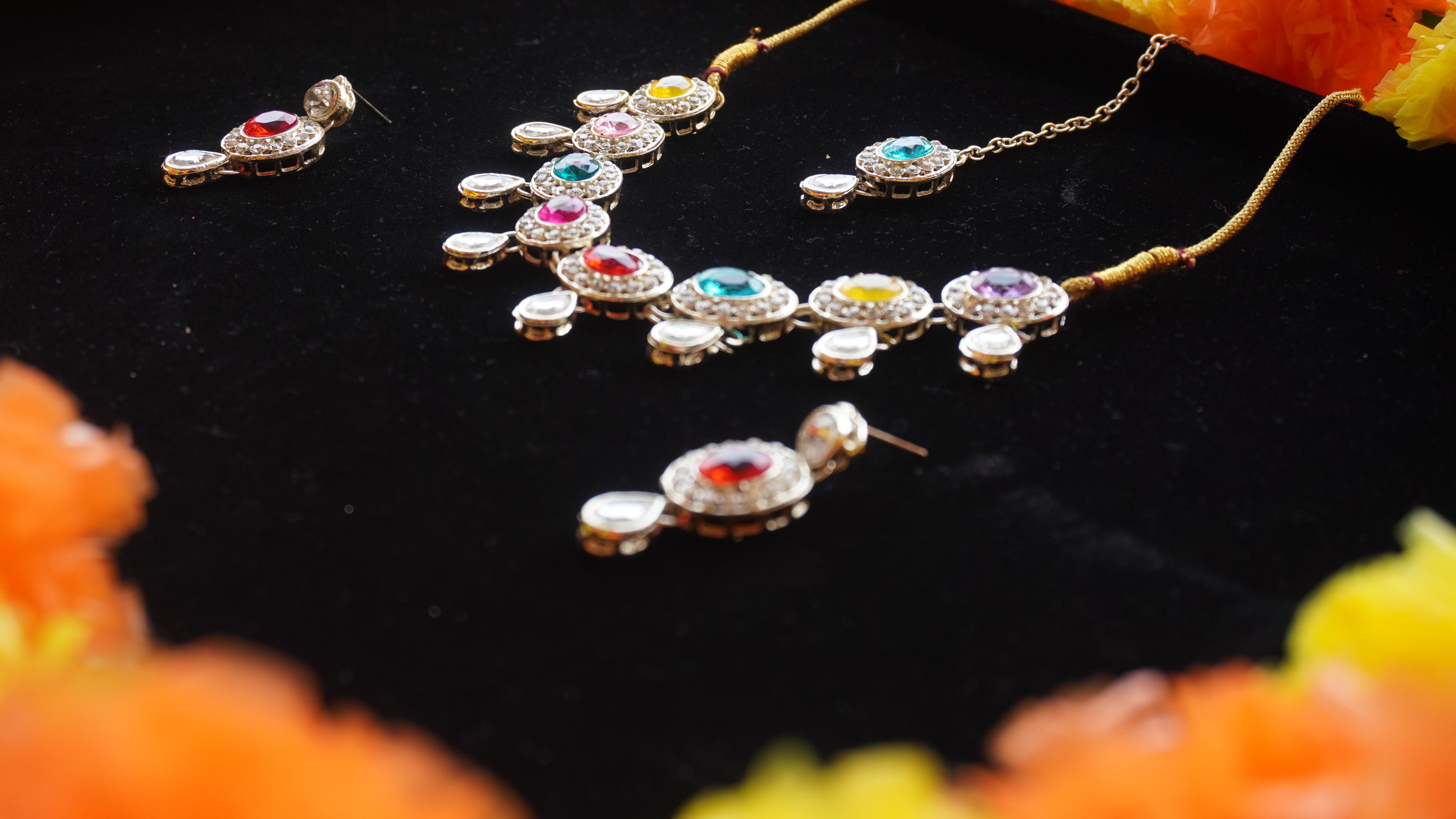 Premium Multicolour Stone Necklace Set with Earrings & Tikka | Festive Jewellery by Ashthi Jewels