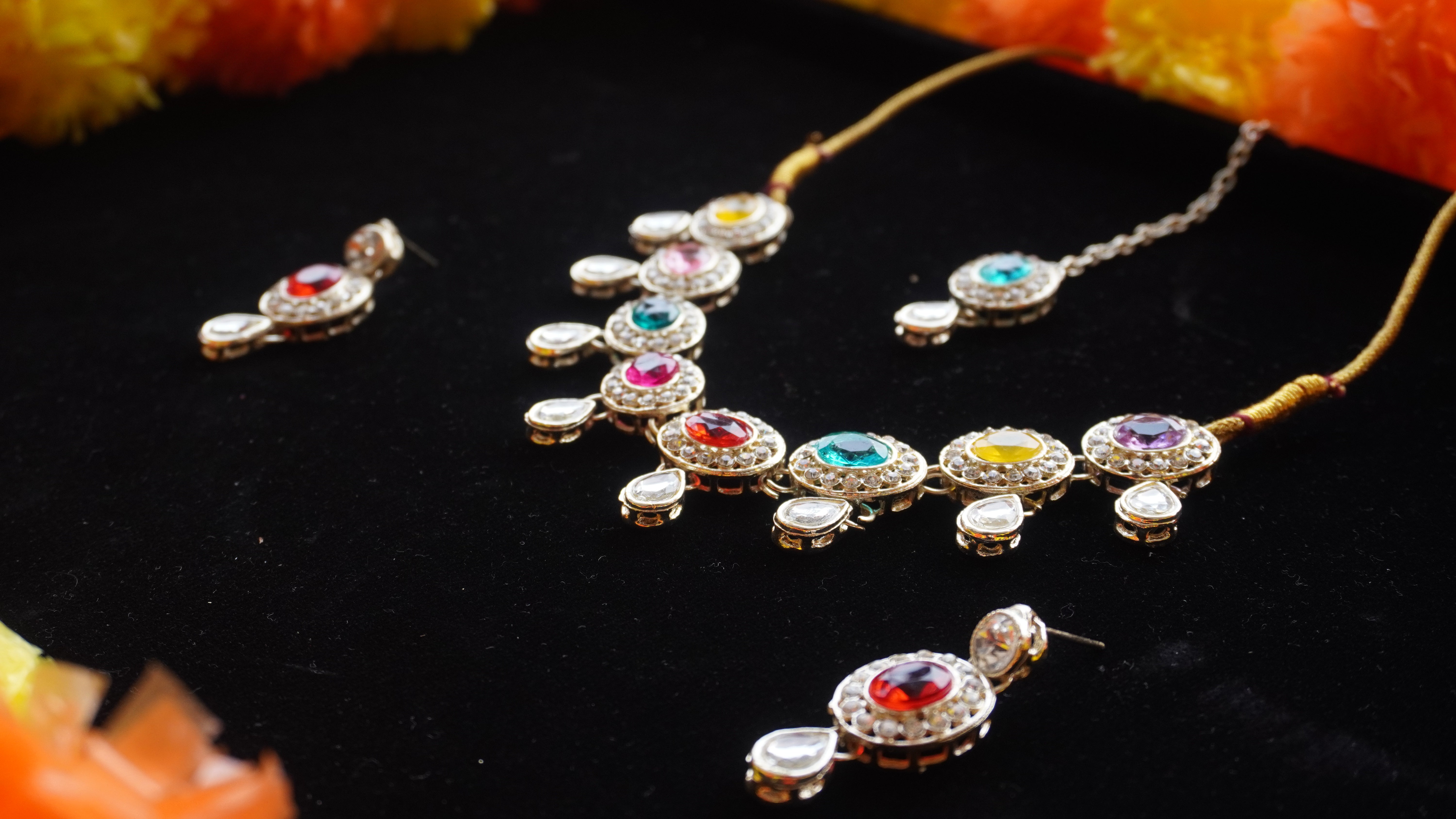 Premium Multicolour Stone Necklace Set with Earrings & Tikka | Festive Jewellery by Ashthi Jewels