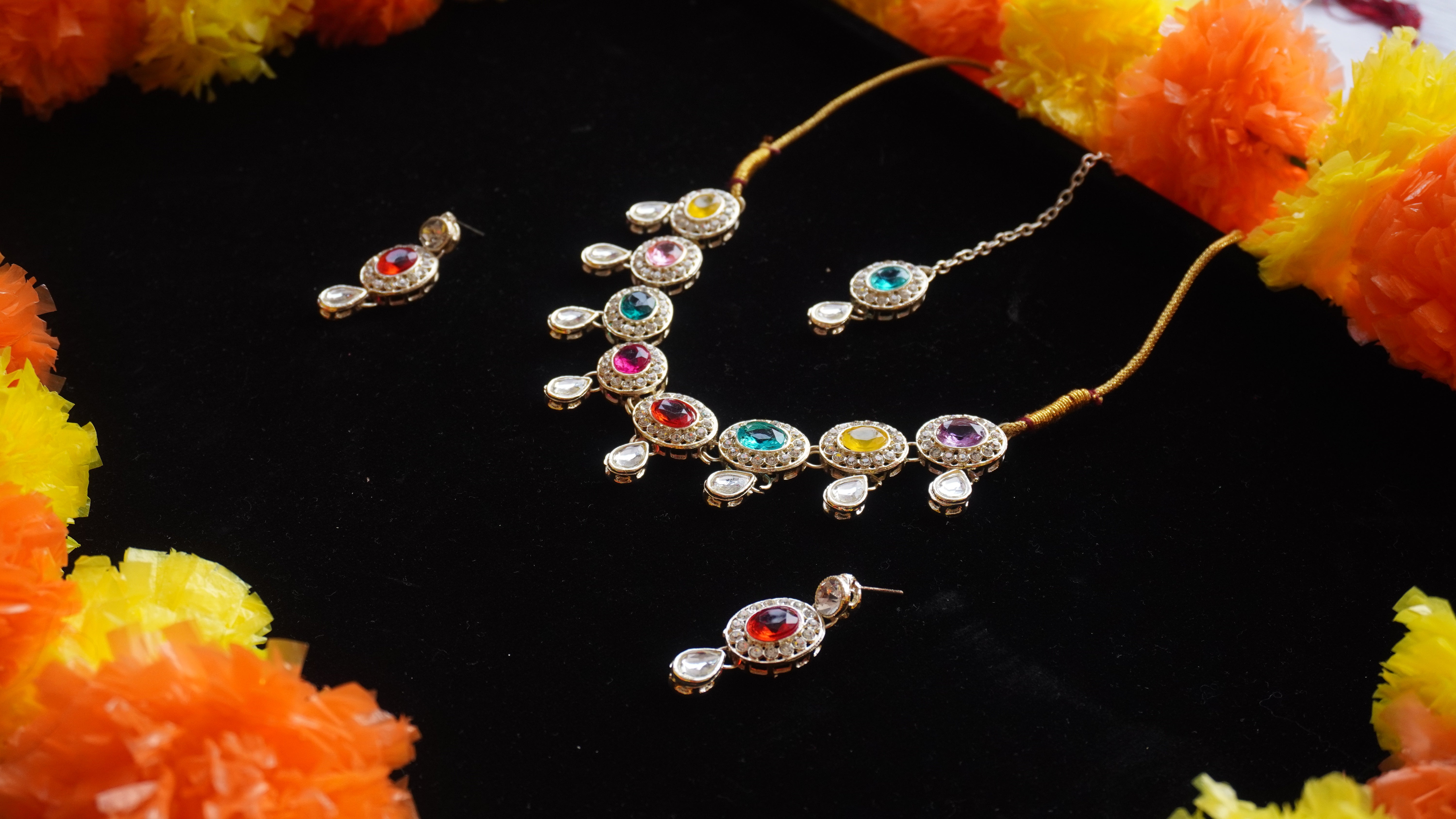 Premium Multicolour Stone Necklace Set with Earrings & Tikka | Festive Jewellery by Ashthi Jewels