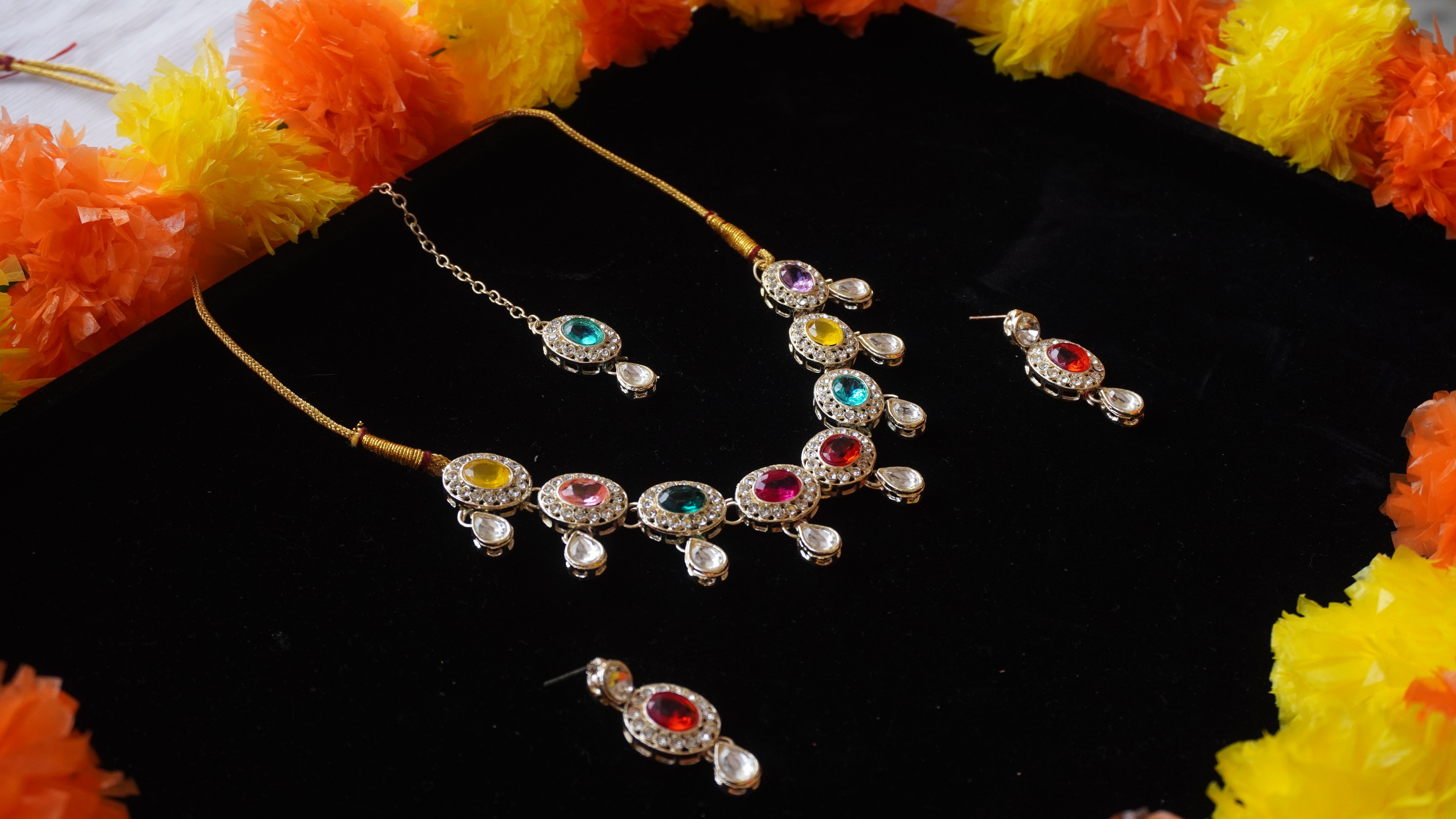 Premium Multicolour Stone Necklace Set with Earrings & Tikka | Festive Jewellery by Ashthi Jewels
