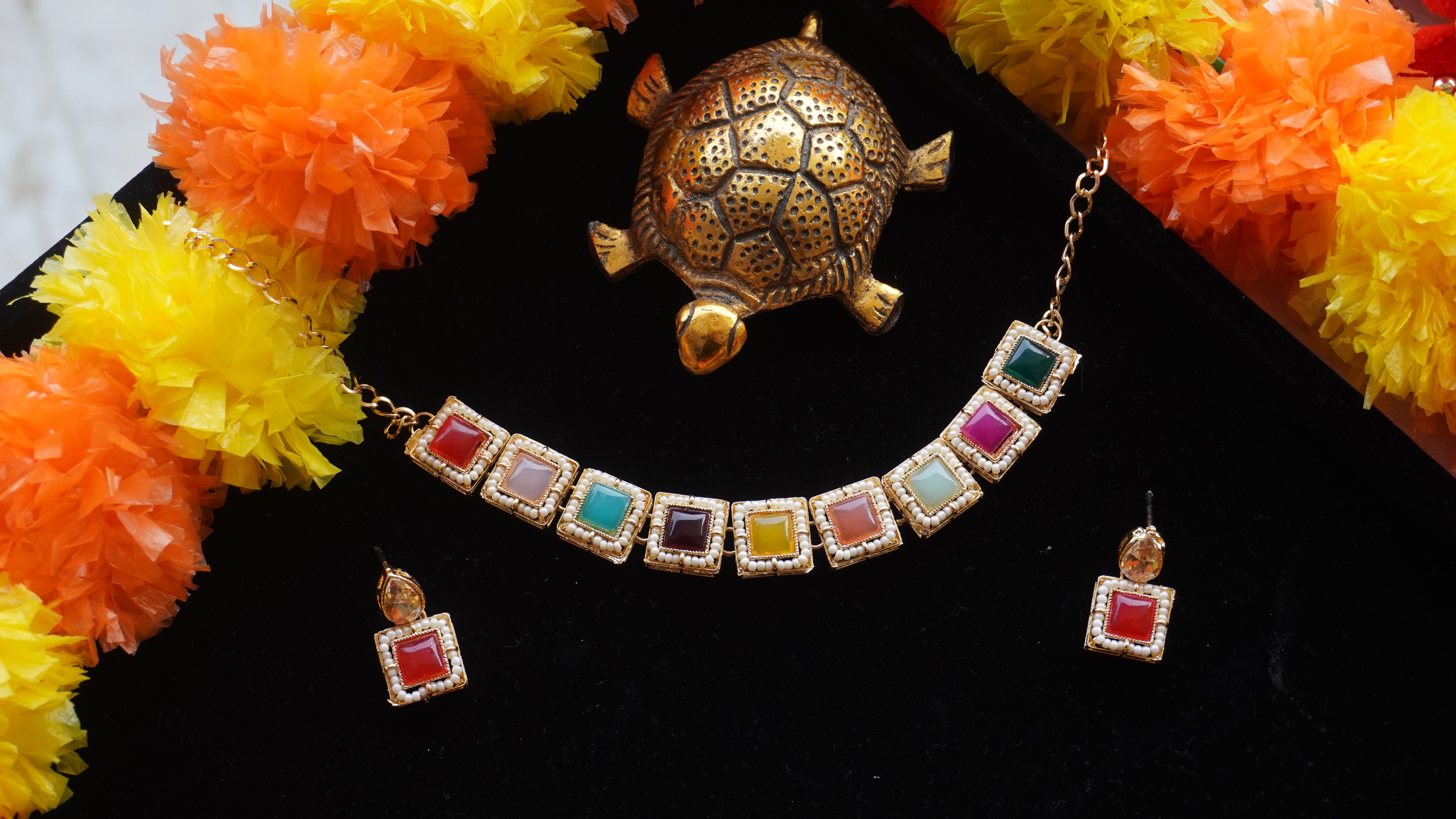 Elegant Multicolour Square Stone Necklace Set with Earrings | Modern Ethnic Jewellery by Ashthi Jewels