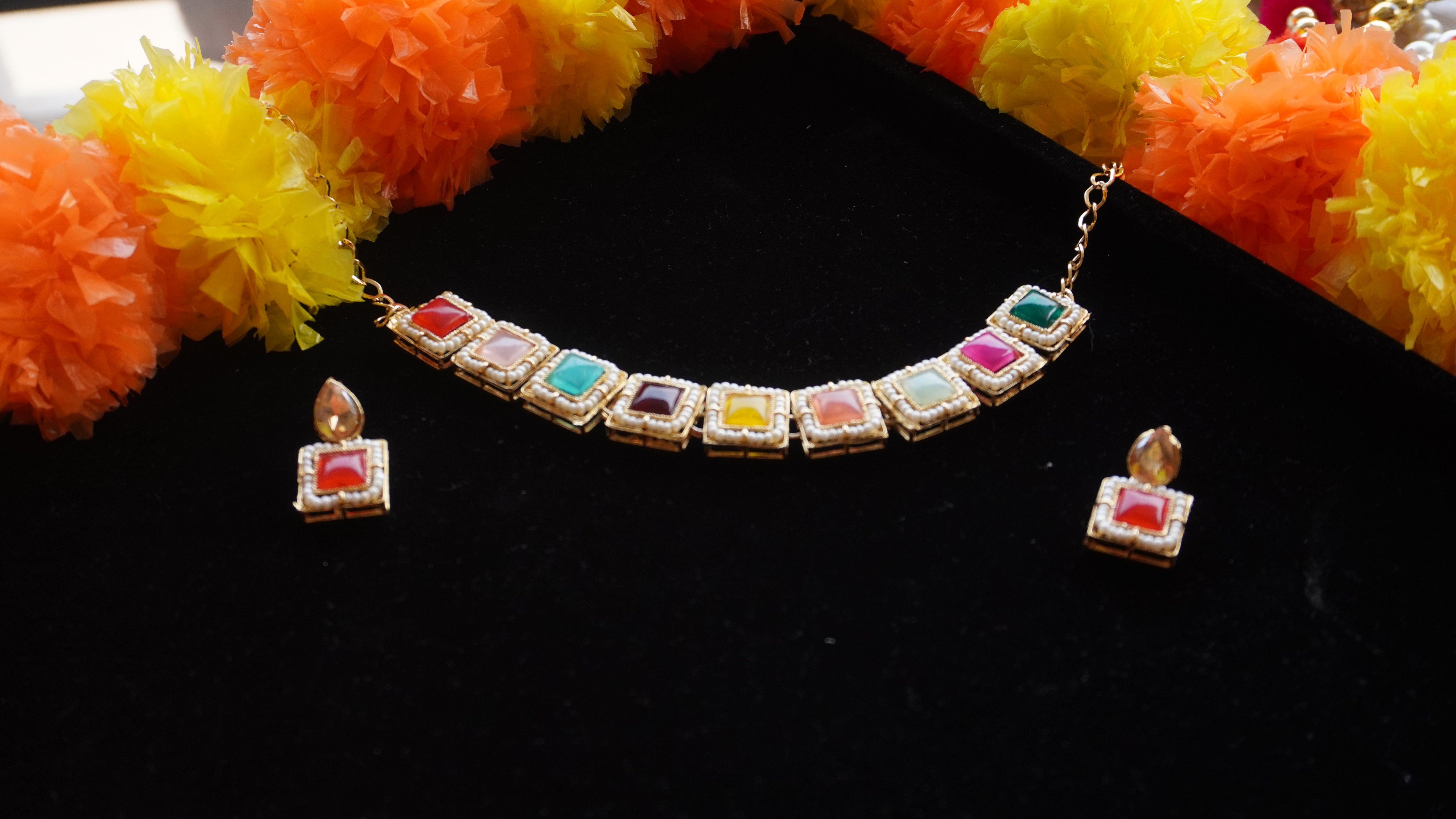 Elegant Multicolour Square Stone Necklace Set with Earrings | Modern Ethnic Jewellery by Ashthi Jewels