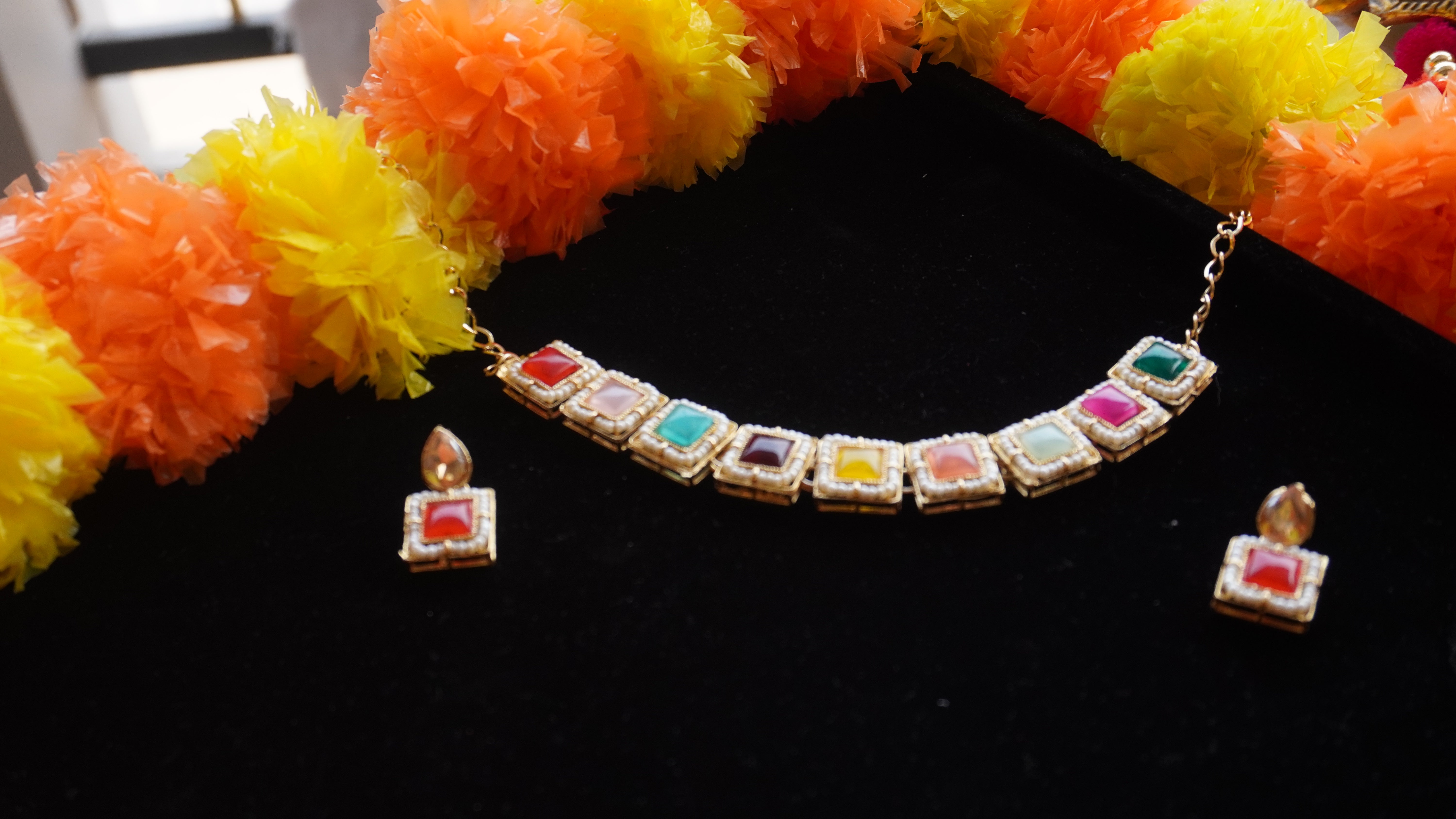 Elegant Multicolour Square Stone Necklace Set with Earrings | Modern Ethnic Jewellery by Ashthi Jewels