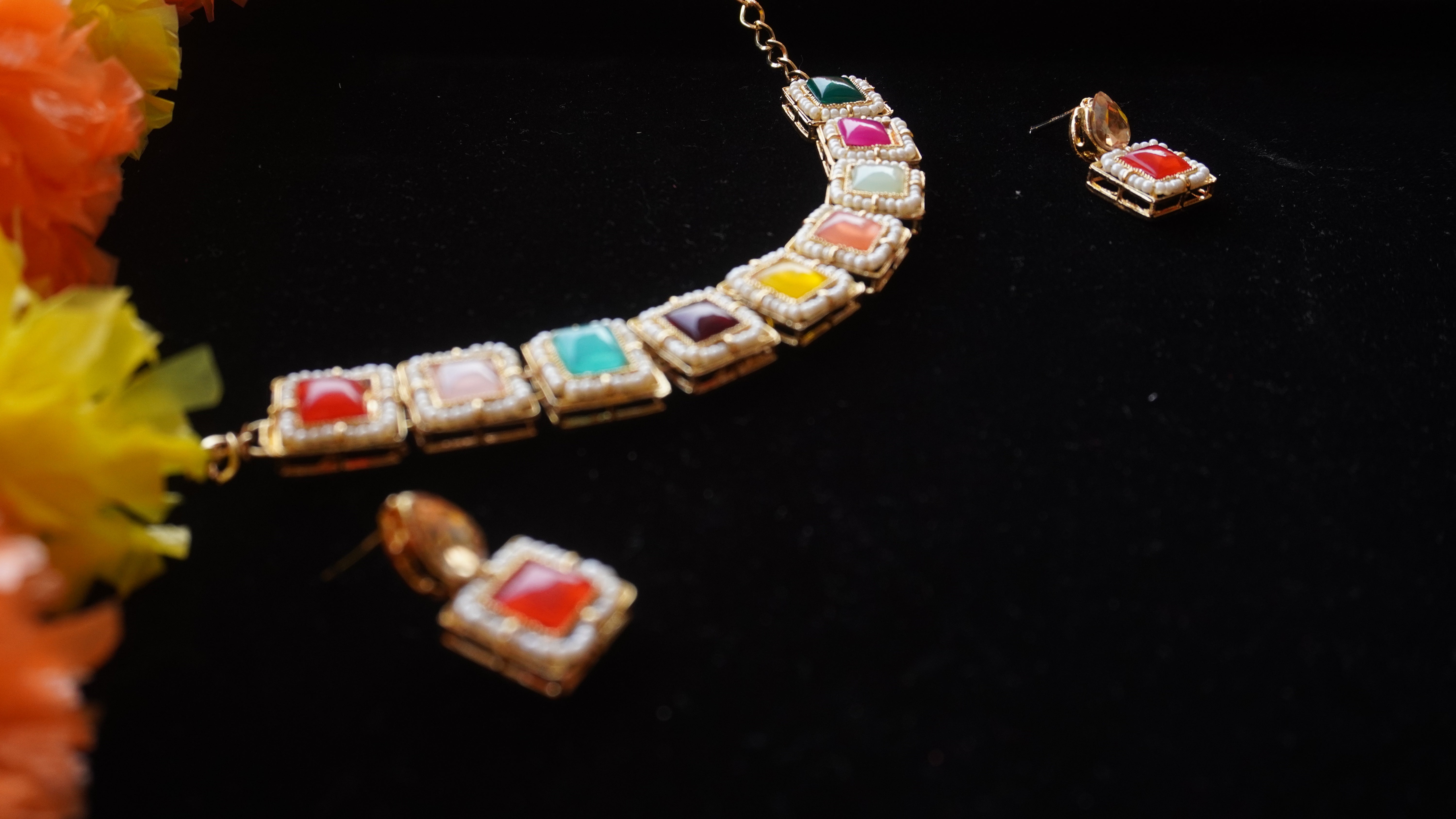 Elegant Multicolour Square Stone Necklace Set with Earrings | Modern Ethnic Jewellery by Ashthi Jewels