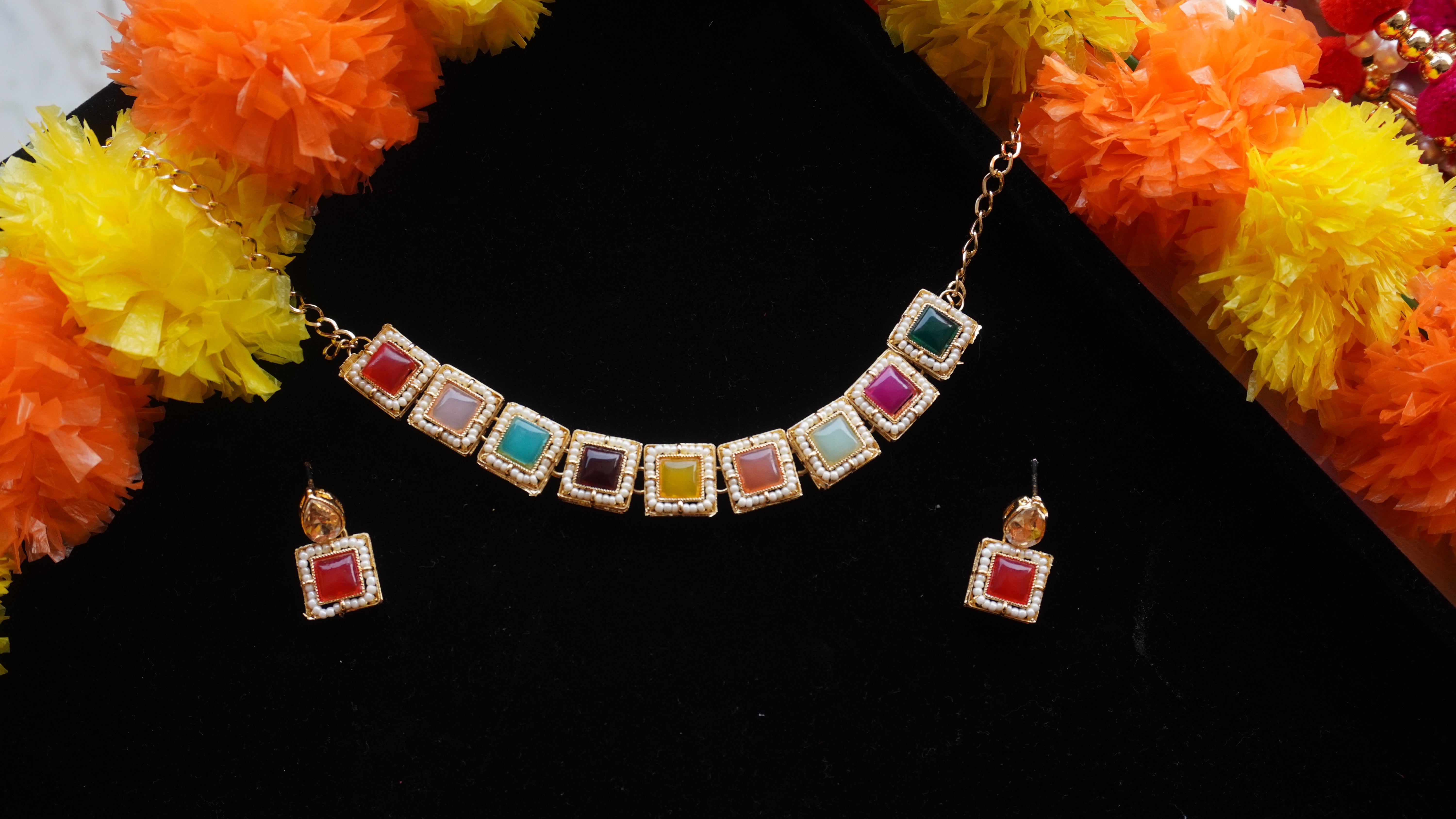Elegant Multicolour Square Stone Necklace Set with Earrings | Modern Ethnic Jewellery by Ashthi Jewels