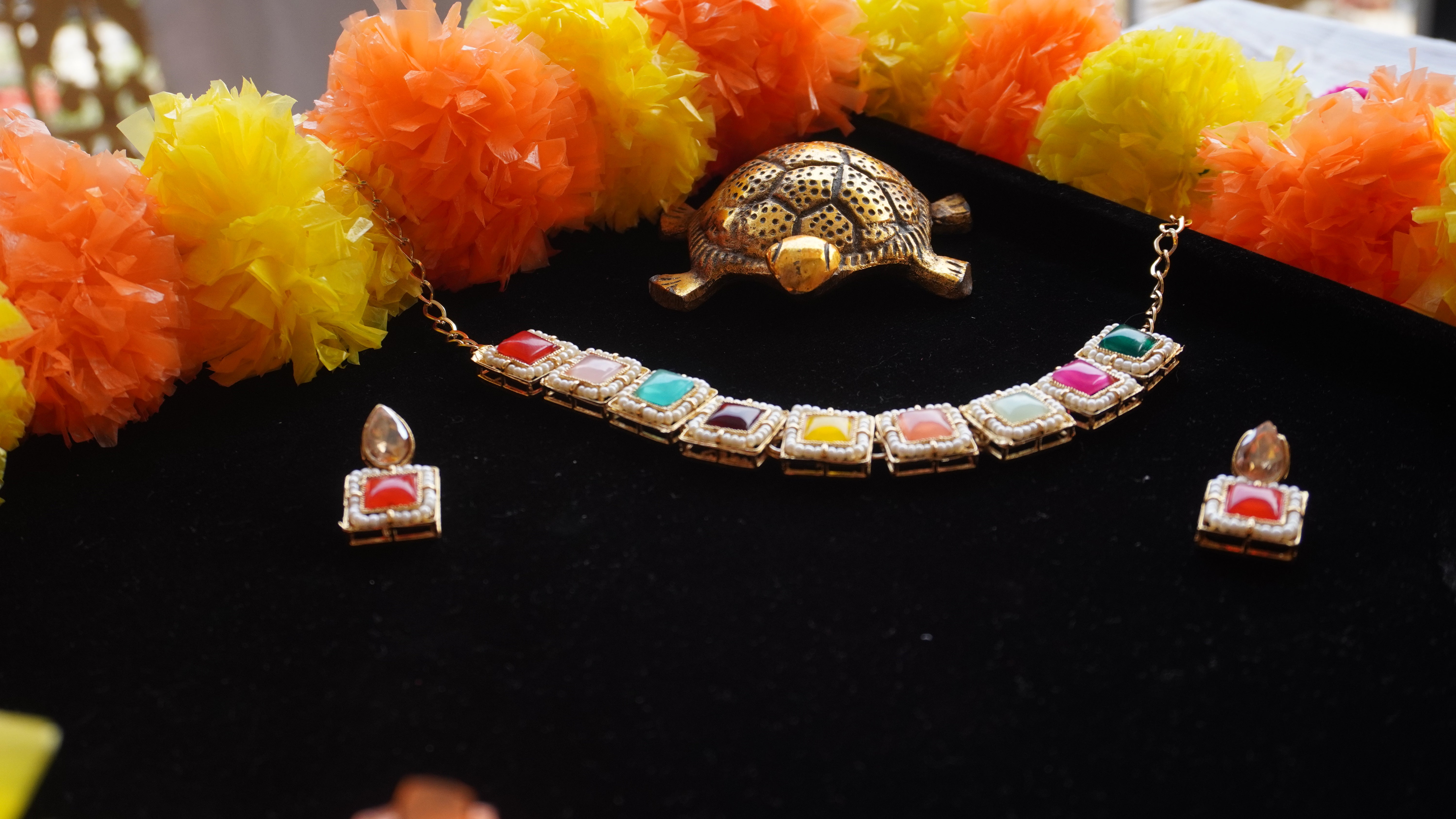 Elegant Multicolour Square Stone Necklace Set with Earrings | Modern Ethnic Jewellery by Ashthi Jewels