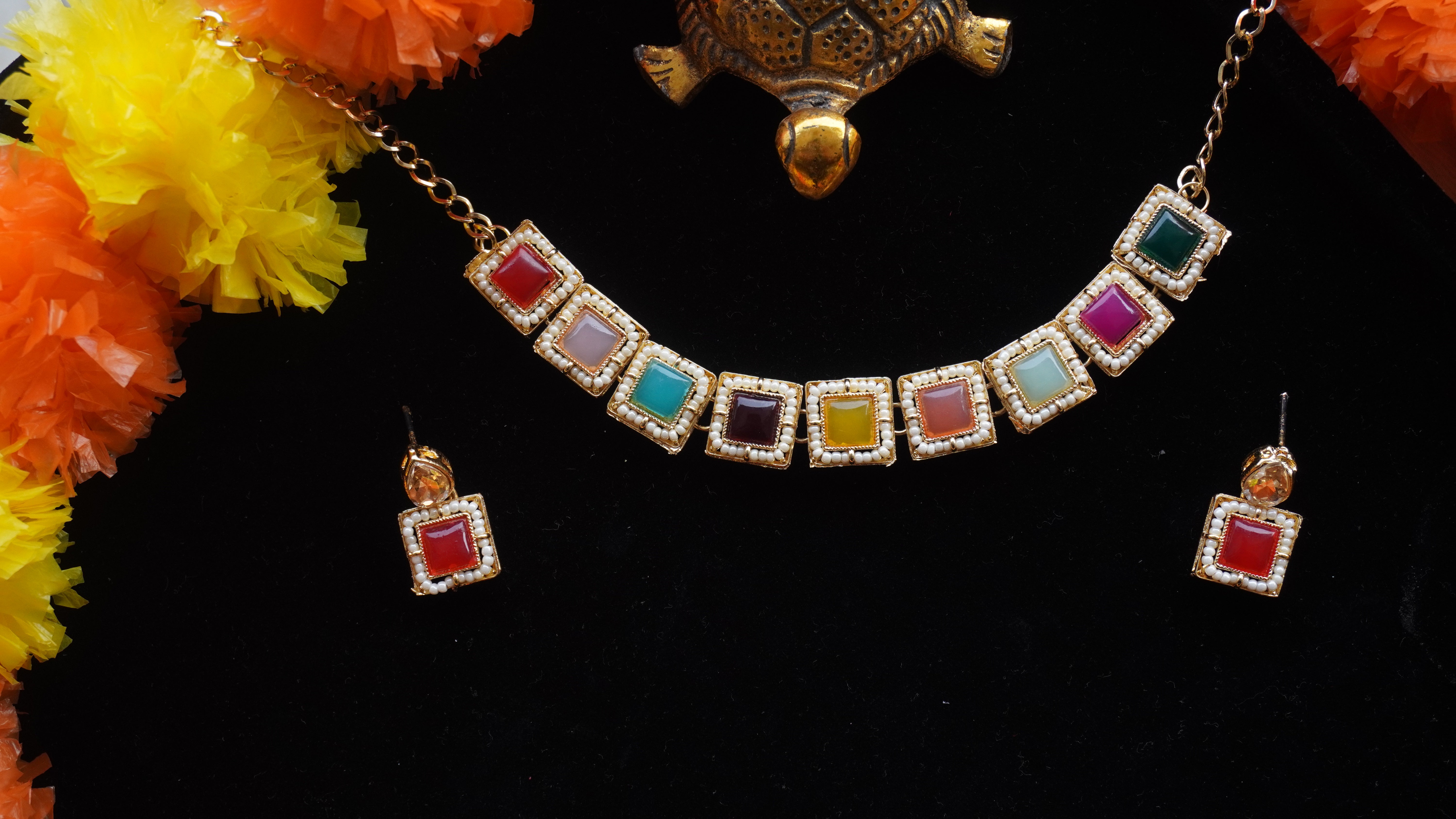 Elegant Multicolour Square Stone Necklace Set with Earrings | Modern Ethnic Jewellery by Ashthi Jewels
