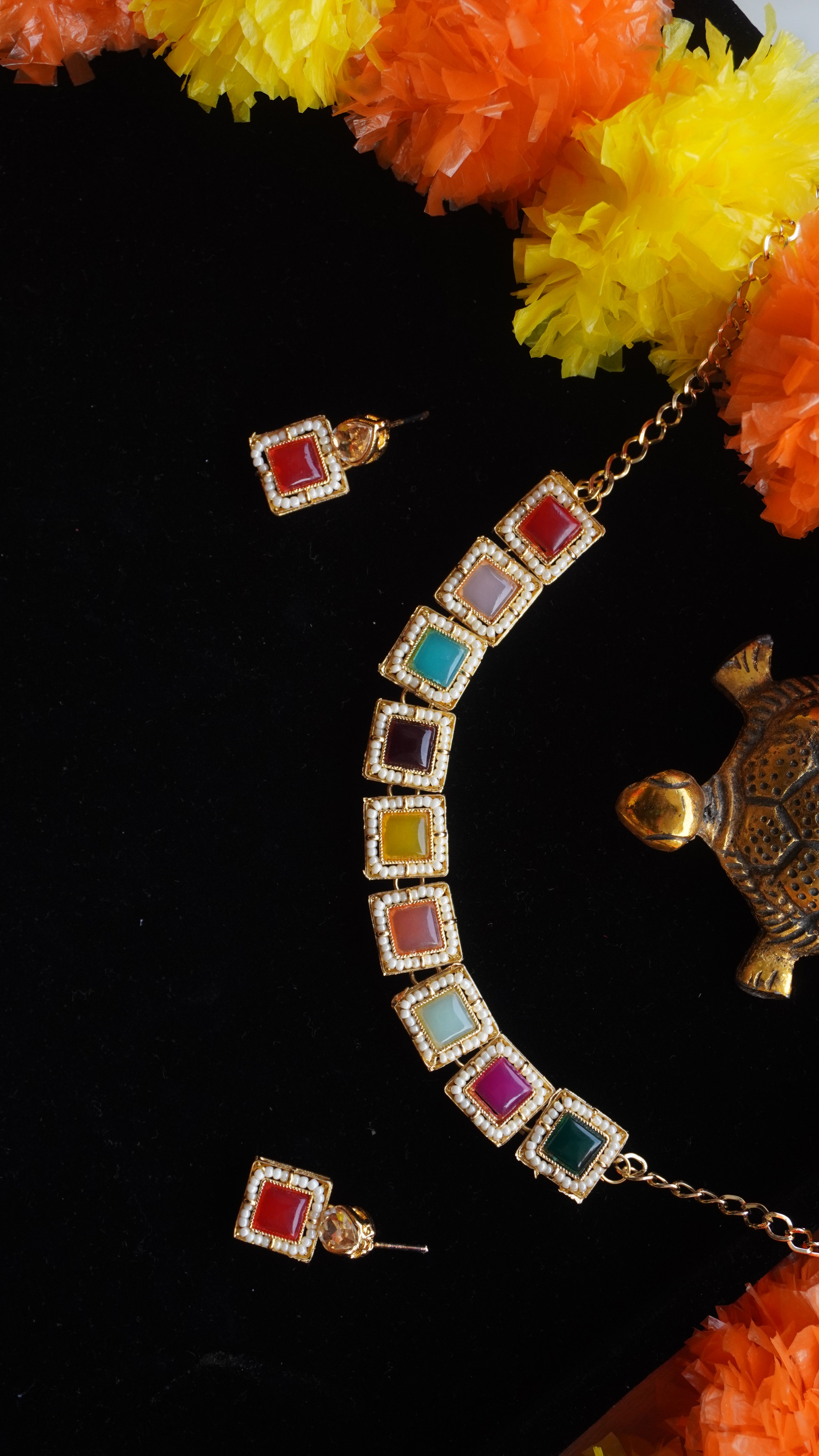 Elegant Multicolour Square Stone Necklace Set with Earrings | Modern Ethnic Jewellery by Ashthi Jewels