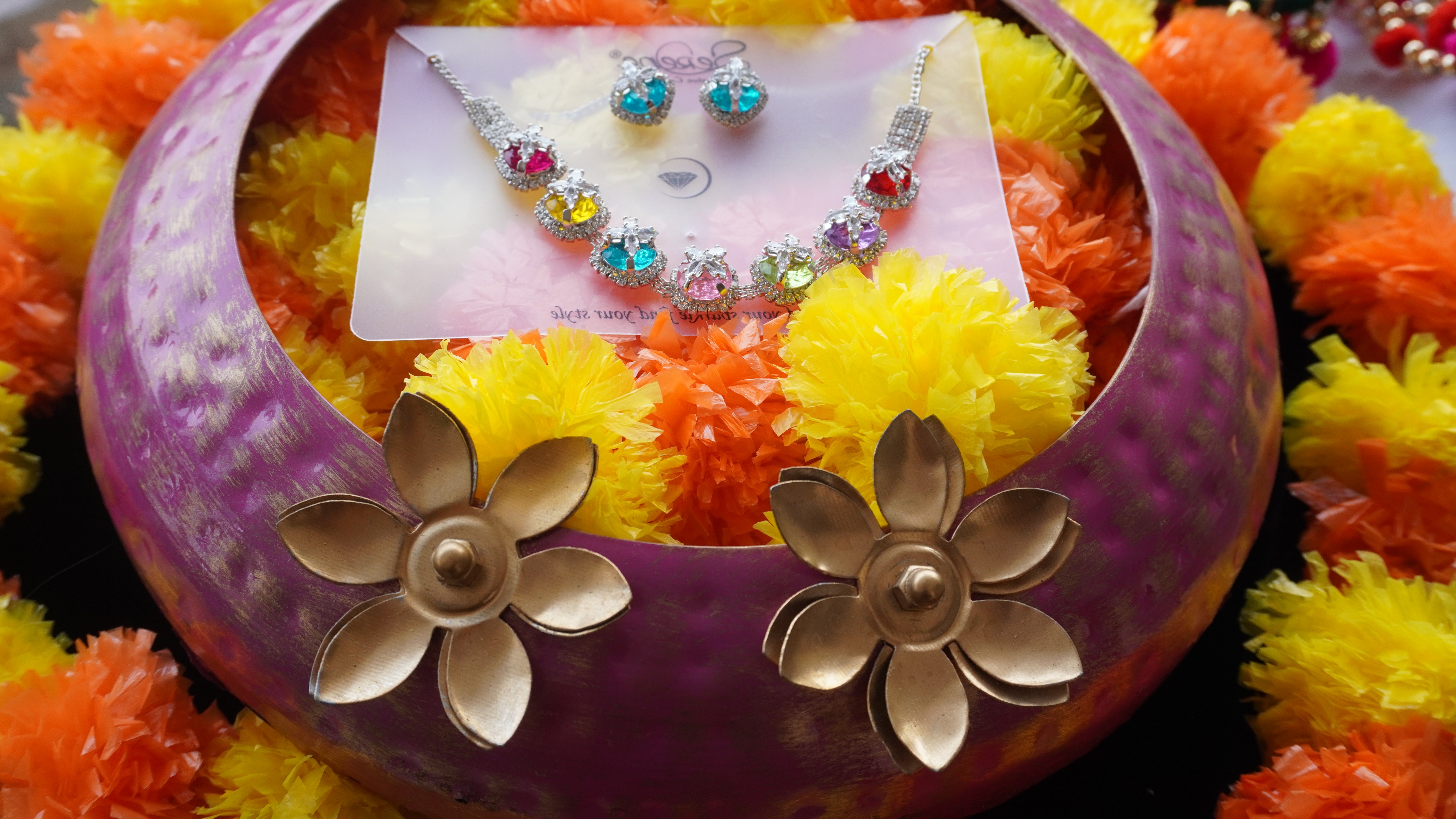 Multicolor Crystal Bridal Necklace Set | Silver-Tone American Diamond Jewelry by Ashthi Jewels