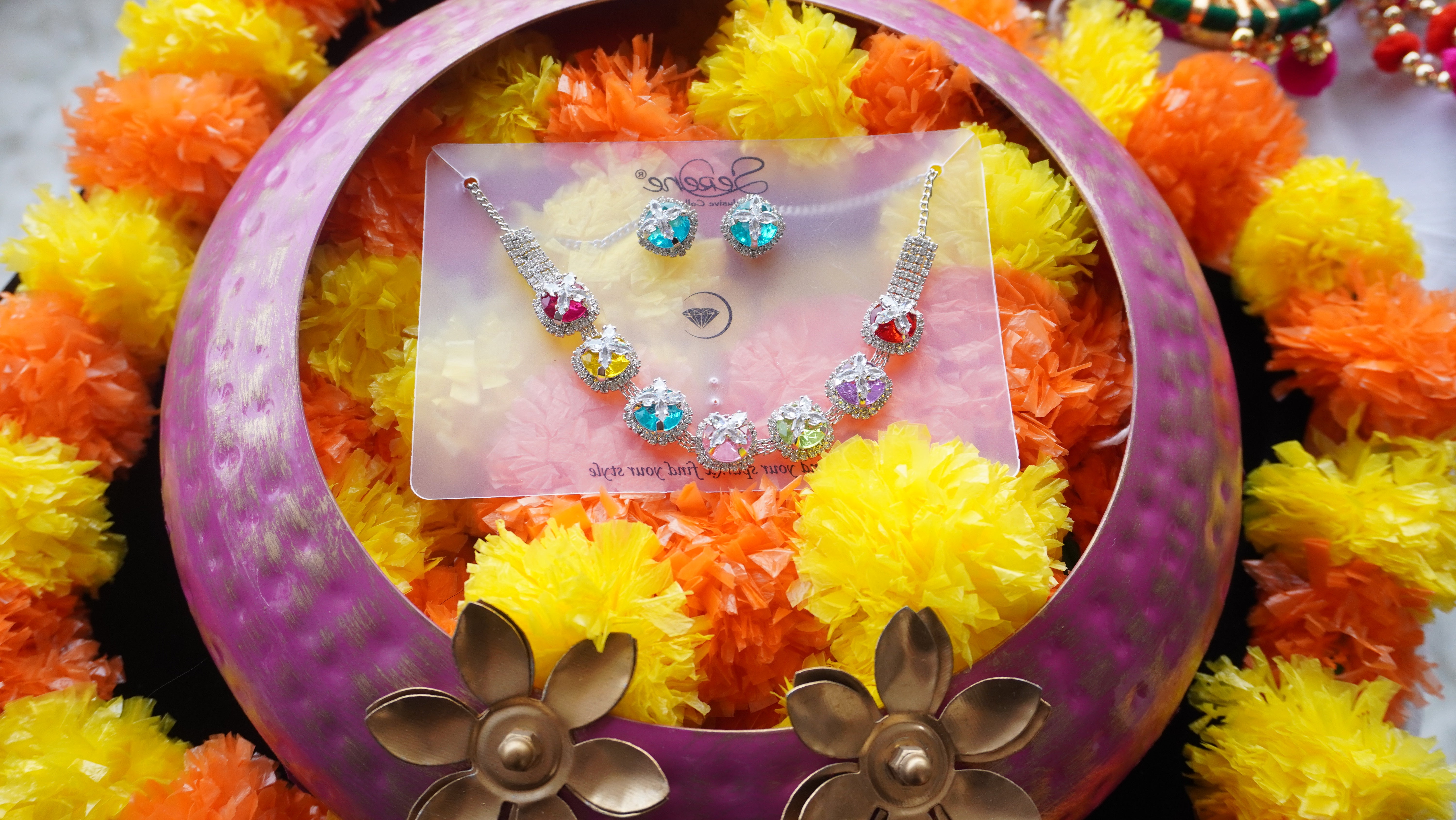 Multicolor Crystal Bridal Necklace Set | Silver-Tone American Diamond Jewelry by Ashthi Jewels