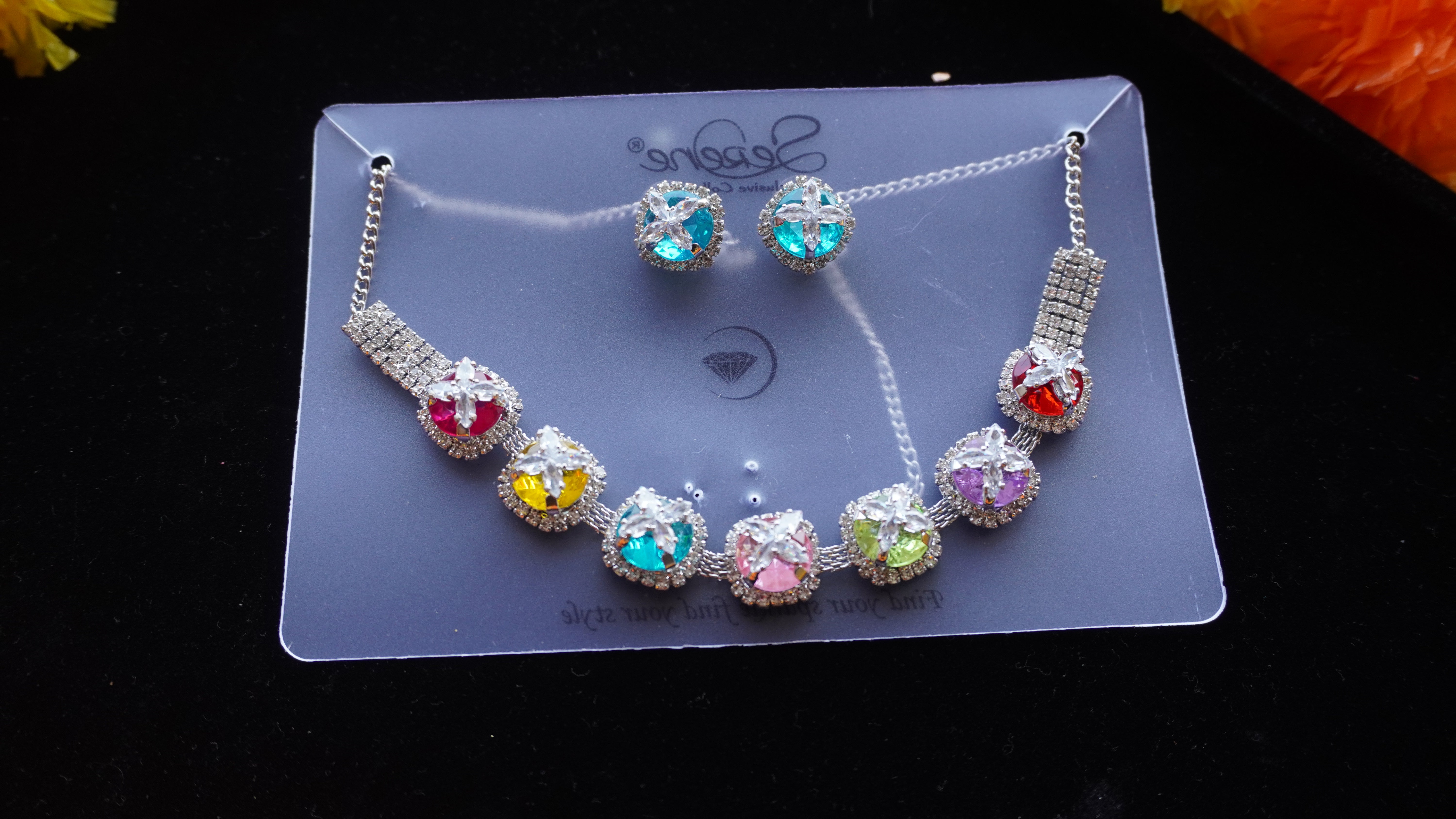 Multicolor Crystal Bridal Necklace Set | Silver-Tone American Diamond Jewelry by Ashthi Jewels