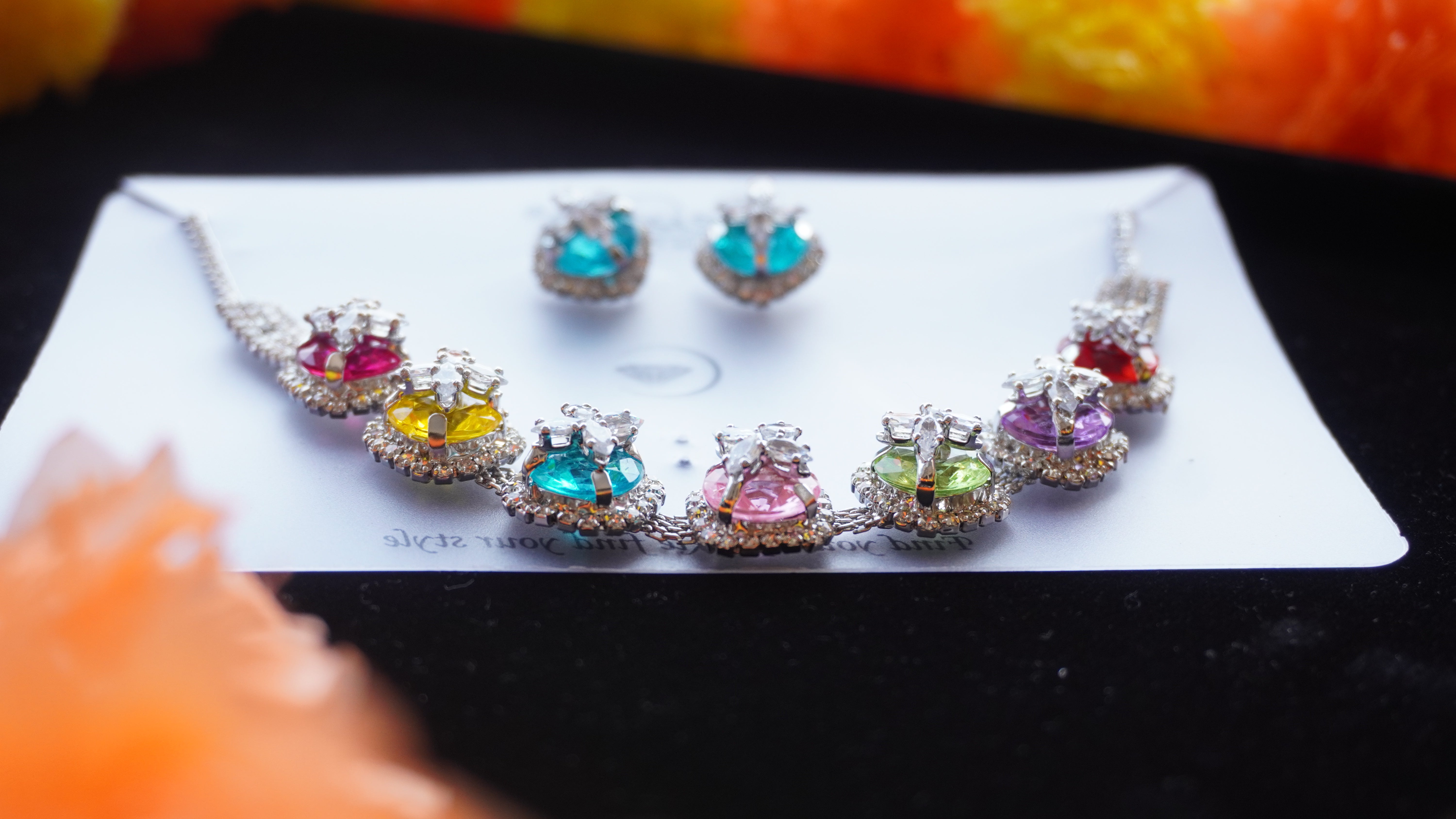 Multicolor Crystal Bridal Necklace Set | Silver-Tone American Diamond Jewelry by Ashthi Jewels