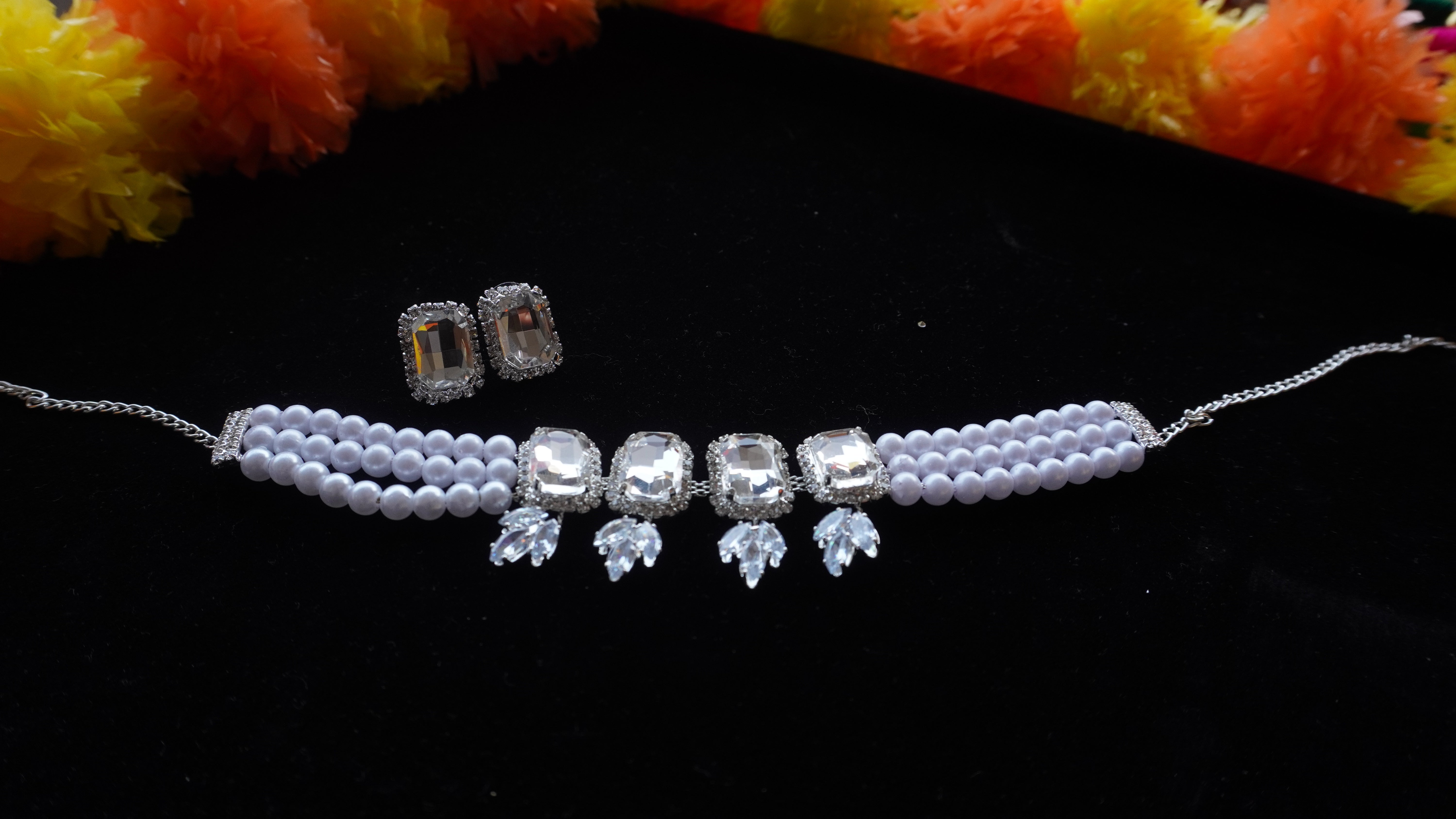 Elegant White Pearl & Mirror Choker Necklace Set | Party Wear Jewelry by Ashthi Jewels