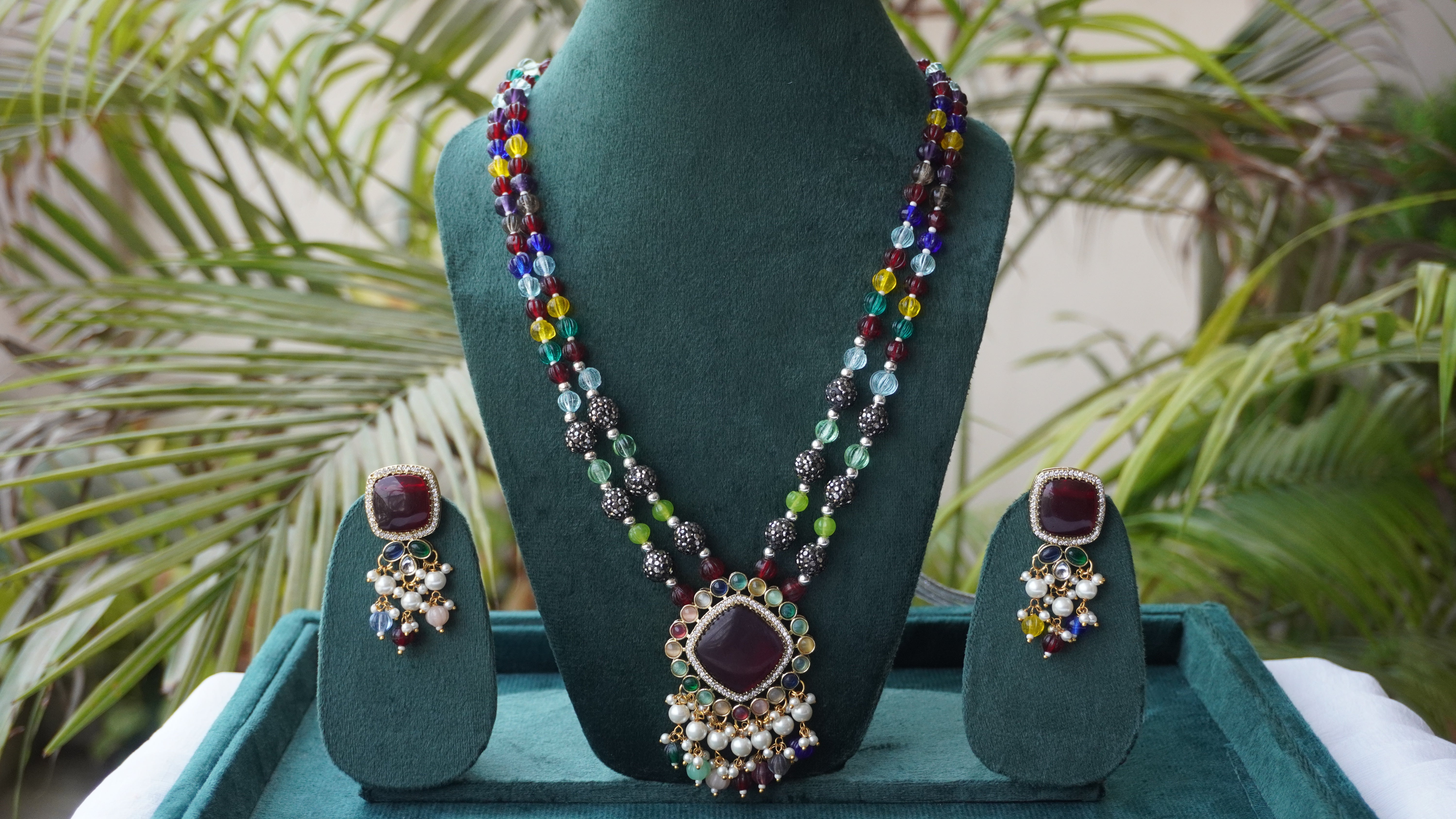 Multicolor Kundan & Pearl Bridal Necklace Set | Silver-Tone Traditional Beaded Jewelry by Ashthi Jewels