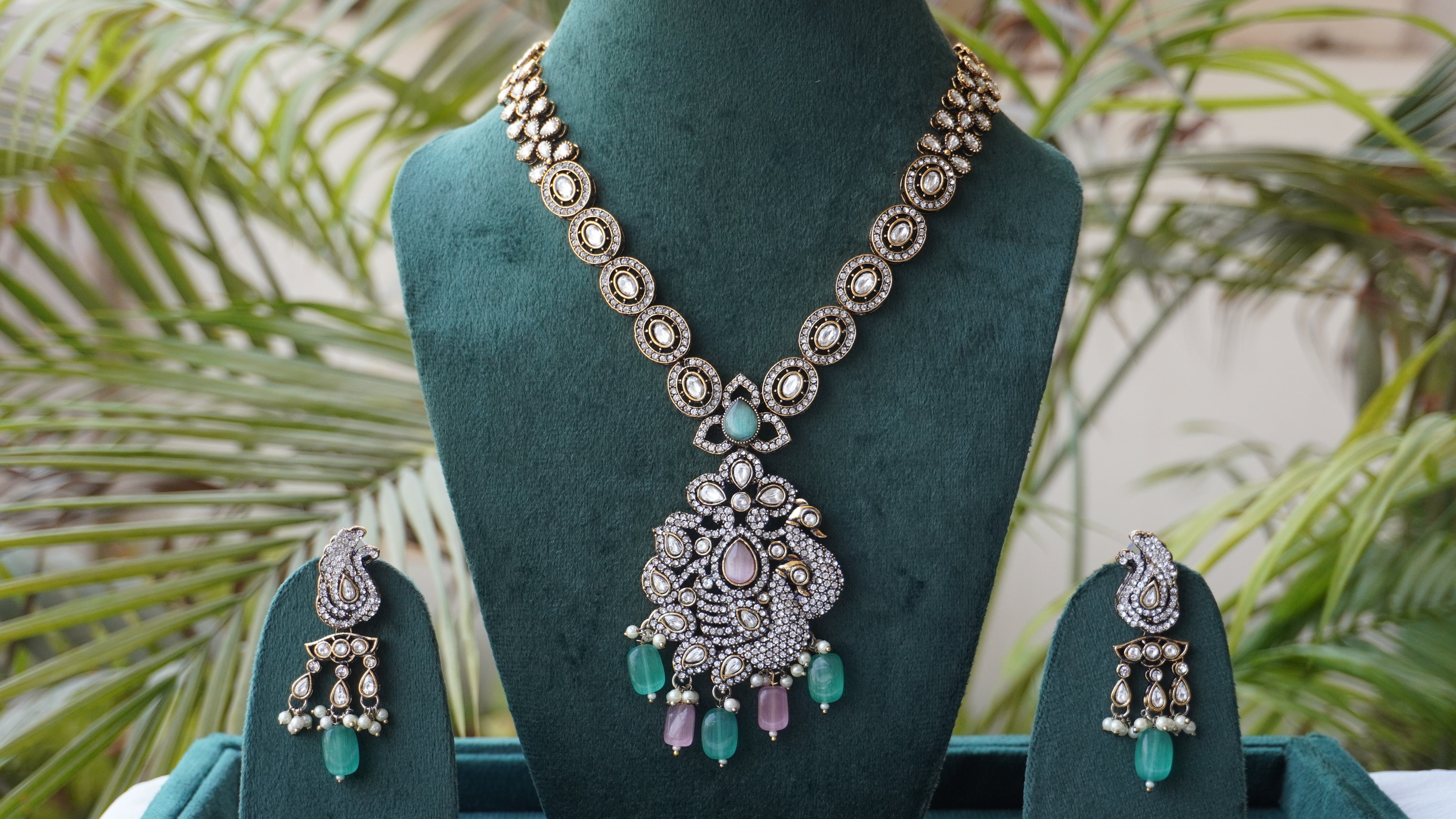 Silver-Tone Kundan Pendant Necklace Set with Green & Pink Beads | Bridal Statement Jewelry by Ashthi Jewels