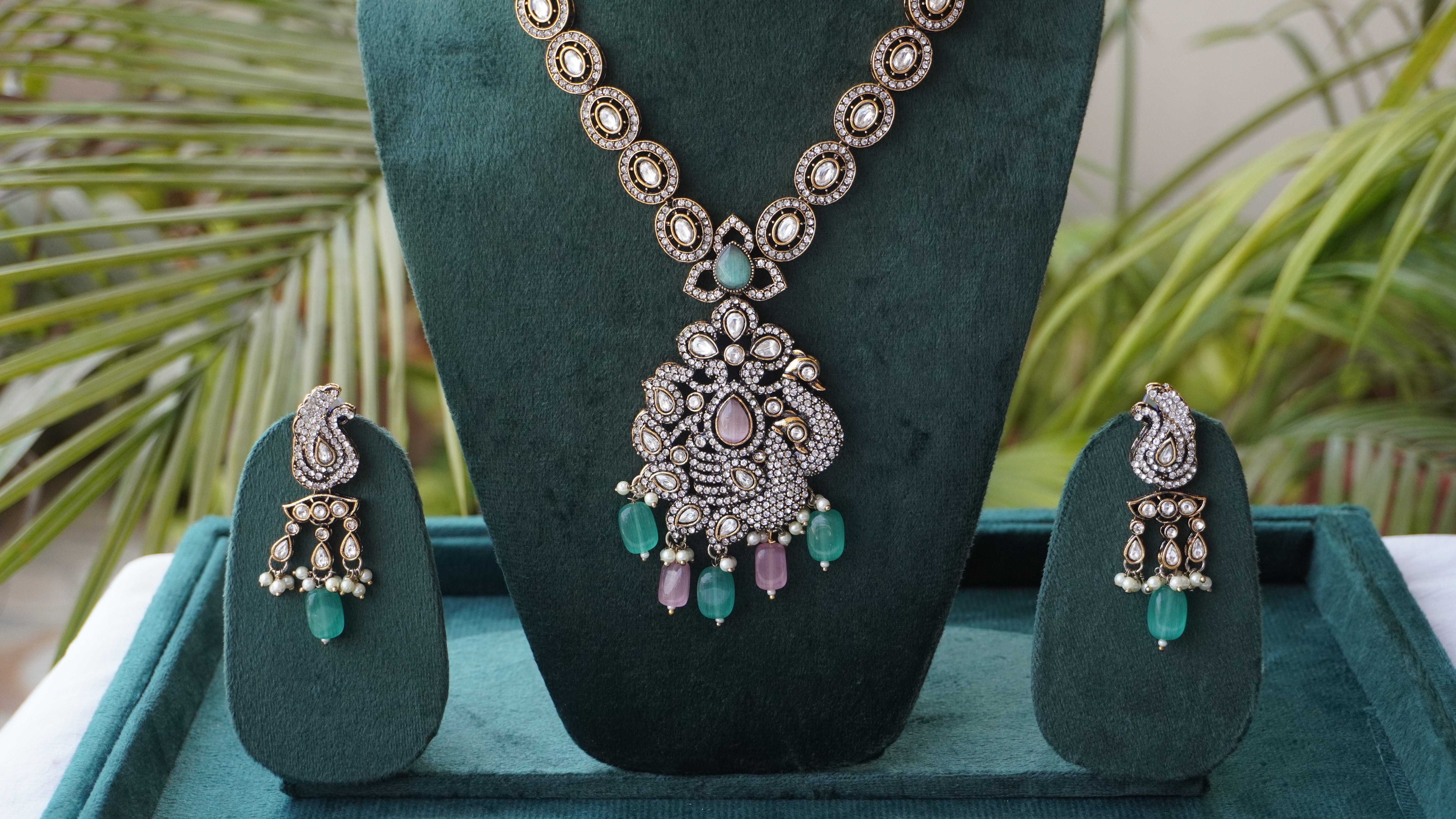 Silver-Tone Kundan Pendant Necklace Set with Green & Pink Beads | Bridal Statement Jewelry by Ashthi Jewels