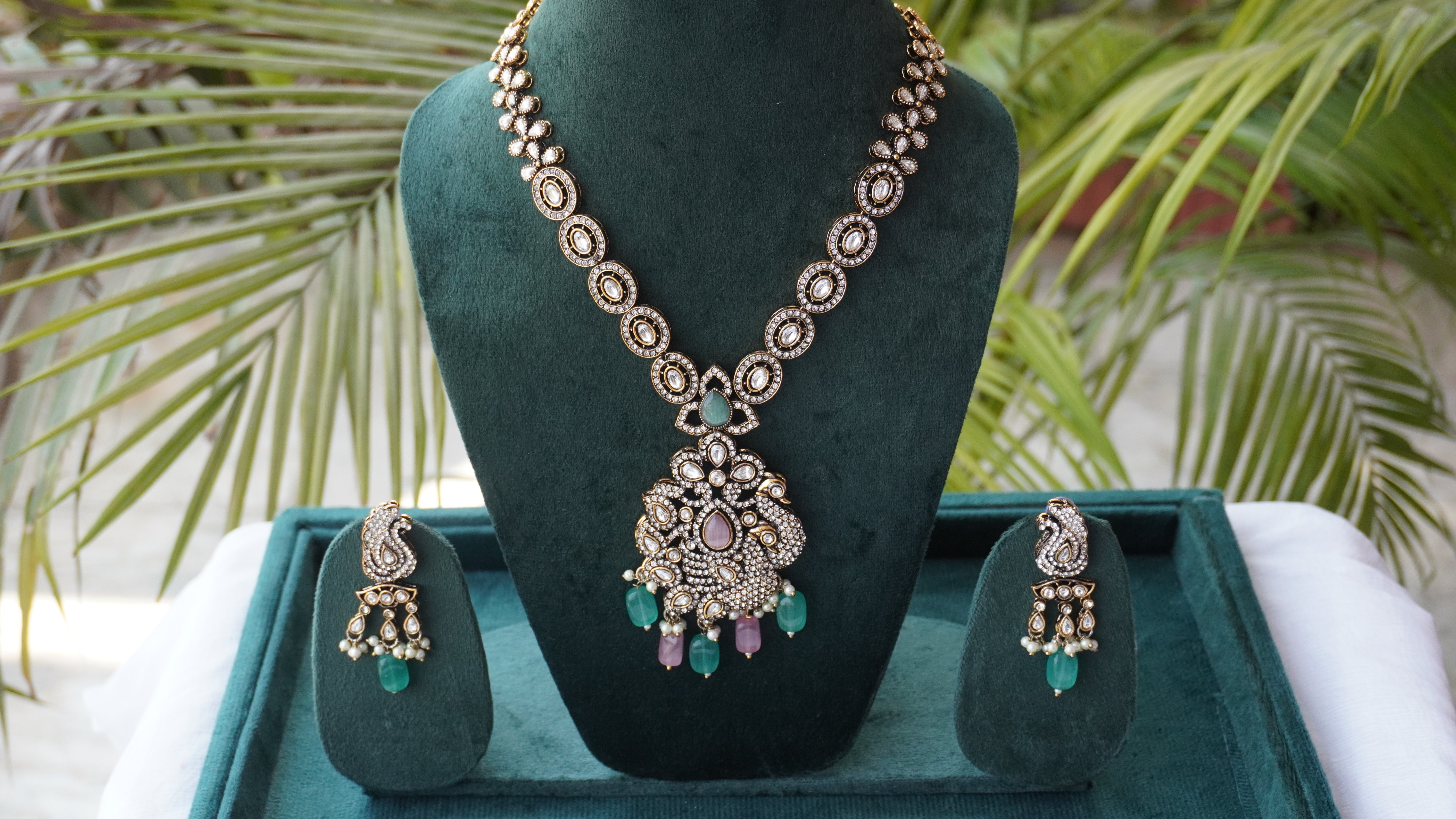 Silver-Tone Kundan Pendant Necklace Set with Green & Pink Beads | Bridal Statement Jewelry by Ashthi Jewels