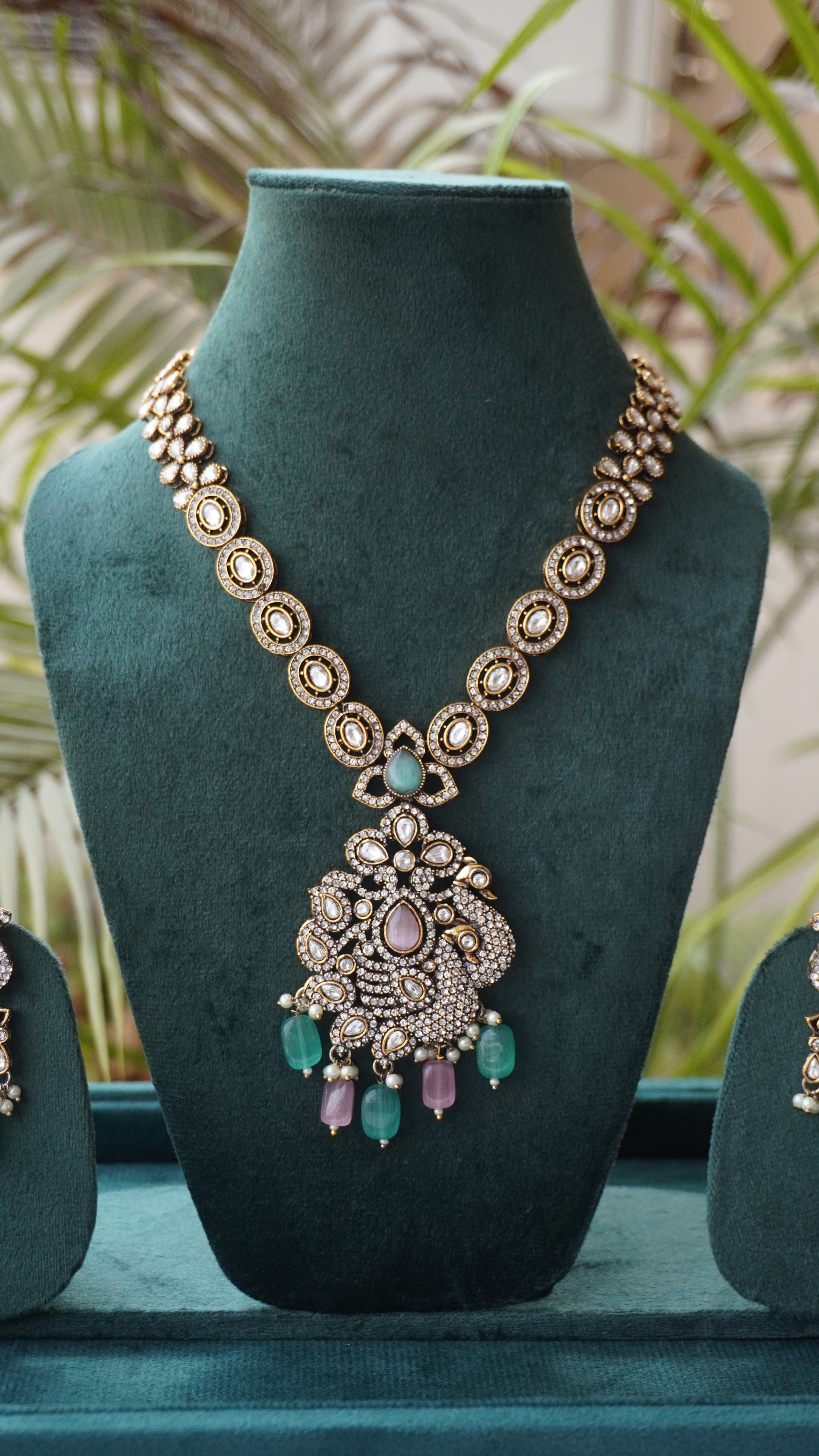 Silver-Tone Kundan Pendant Necklace Set with Green & Pink Beads | Bridal Statement Jewelry by Ashthi Jewels