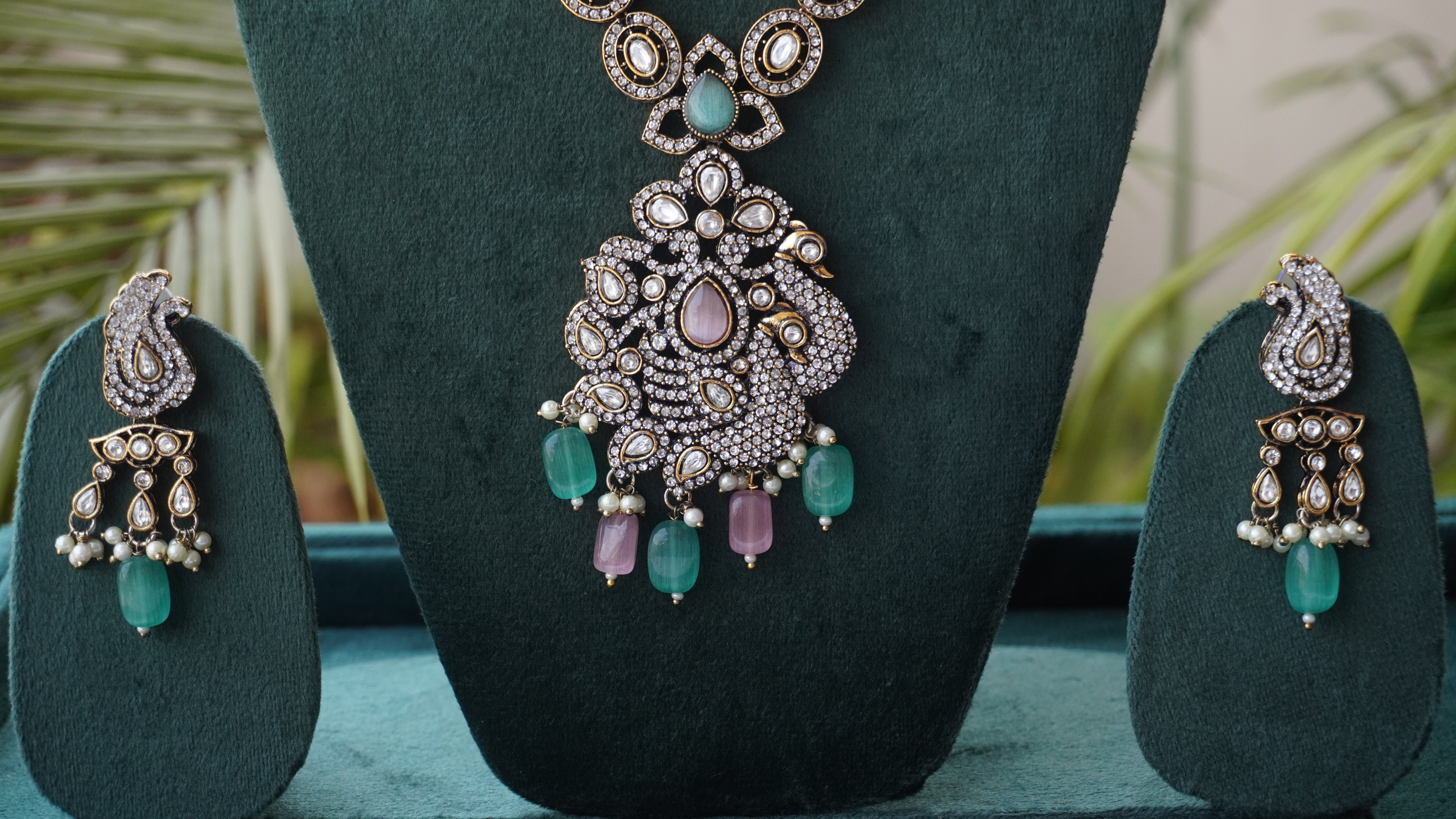 Silver-Tone Kundan Pendant Necklace Set with Green & Pink Beads | Bridal Statement Jewelry by Ashthi Jewels