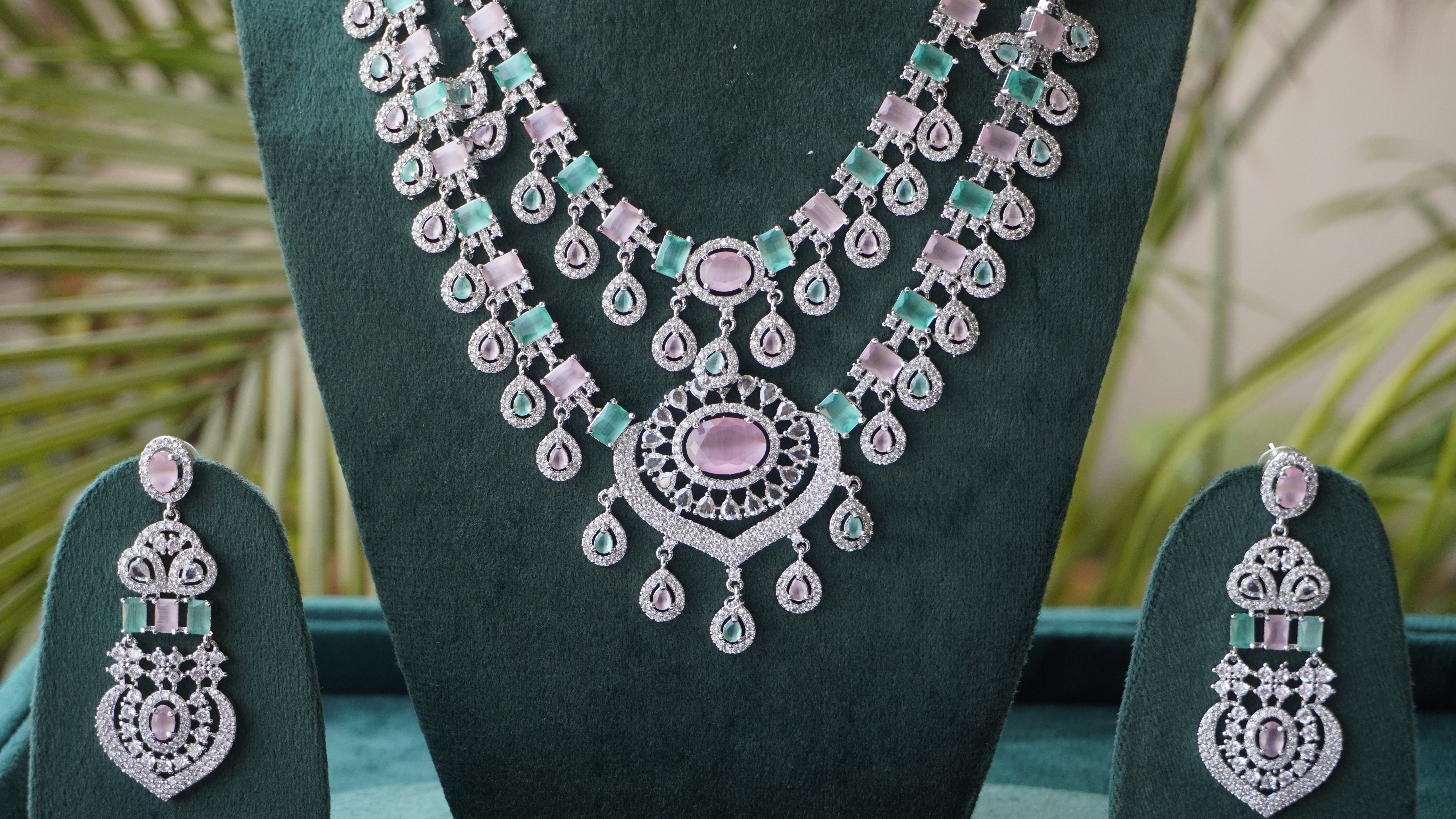 Green & Lavender. Stone Bridal Necklace Set | High-Shine American Diamond Jewelry by Ashthi Jewels