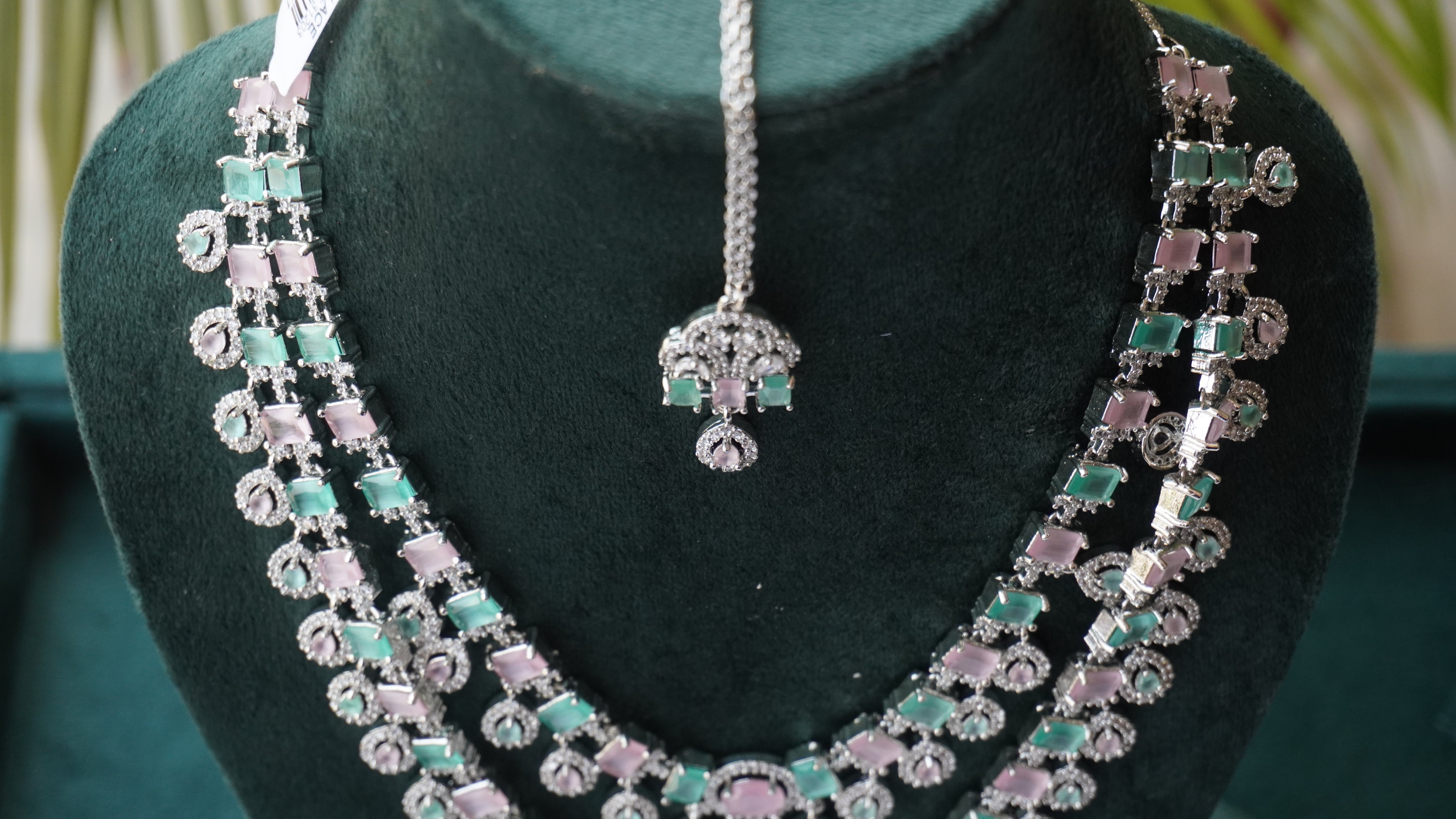 Green & Lavender. Stone Bridal Necklace Set | High-Shine American Diamond Jewelry by Ashthi Jewels